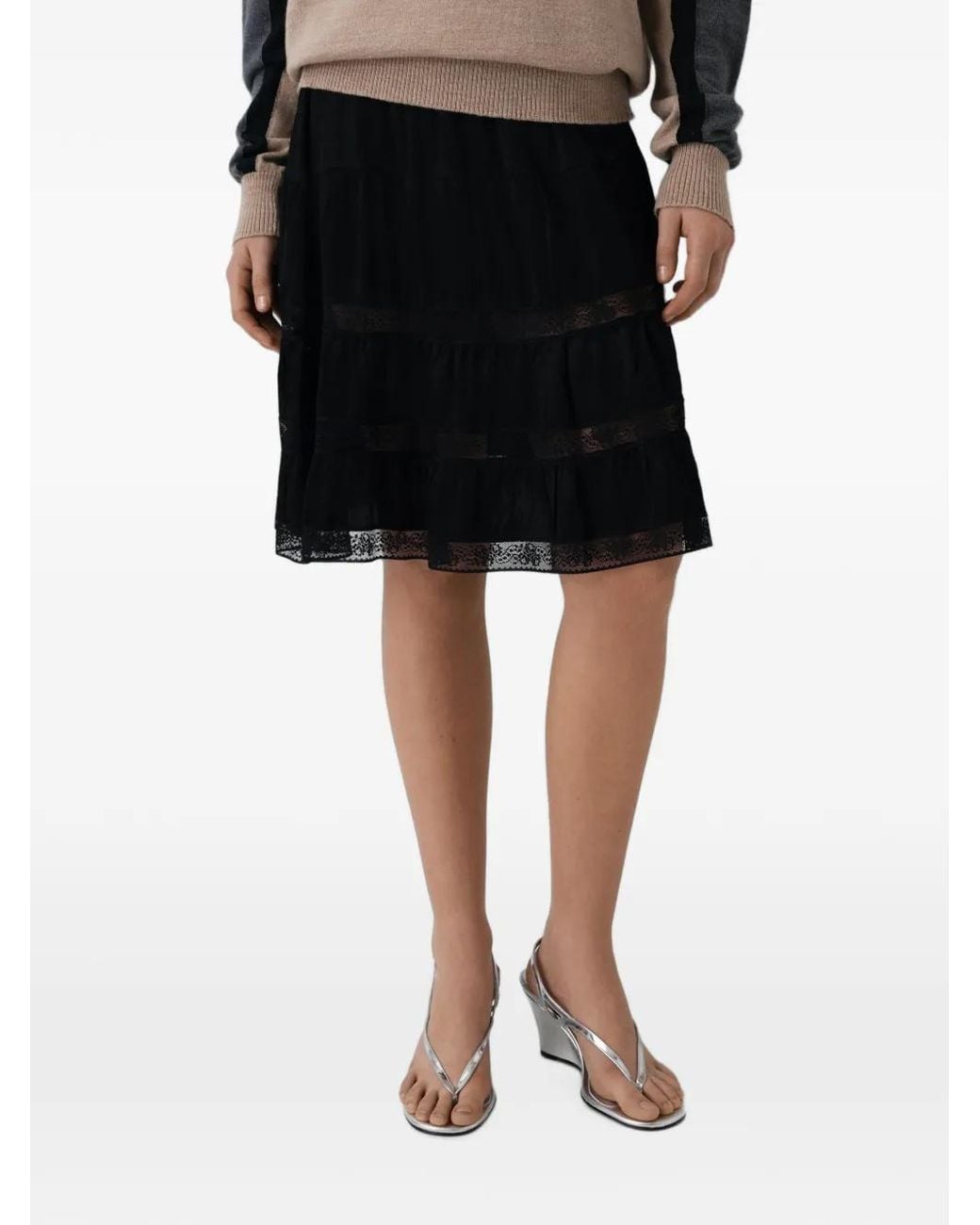 GIMAGUAS Black Cielo Lace-Trim Tiered Midi Skirt