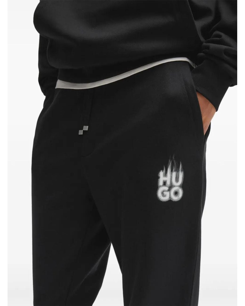 HUGO Black Smoked-Logo Cotton Track Pants for men