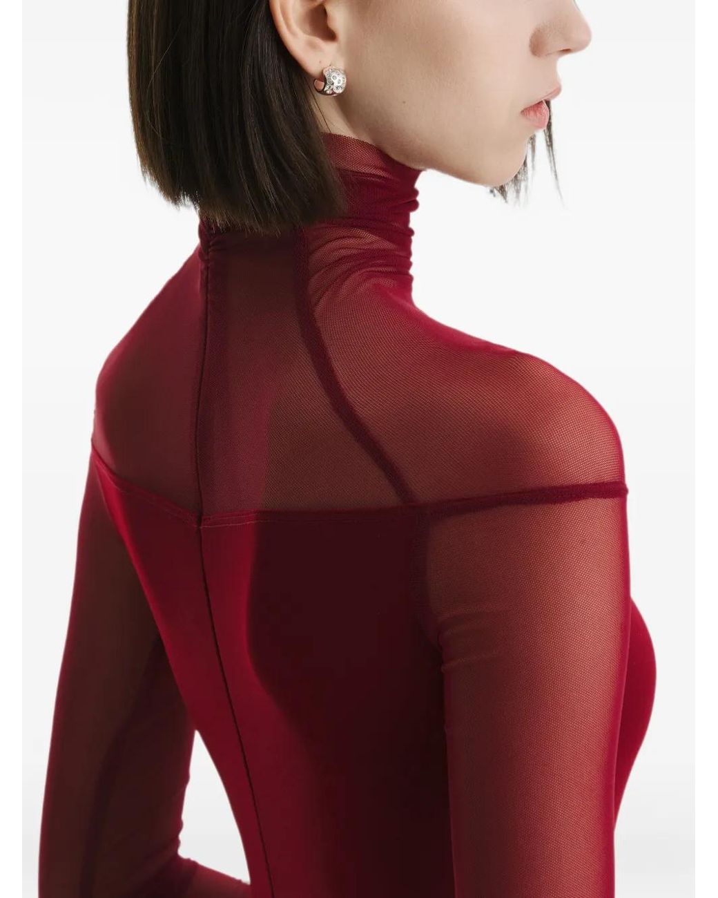 2310 STUDIO Red Mesh-Panel High-Neck Bodysuit