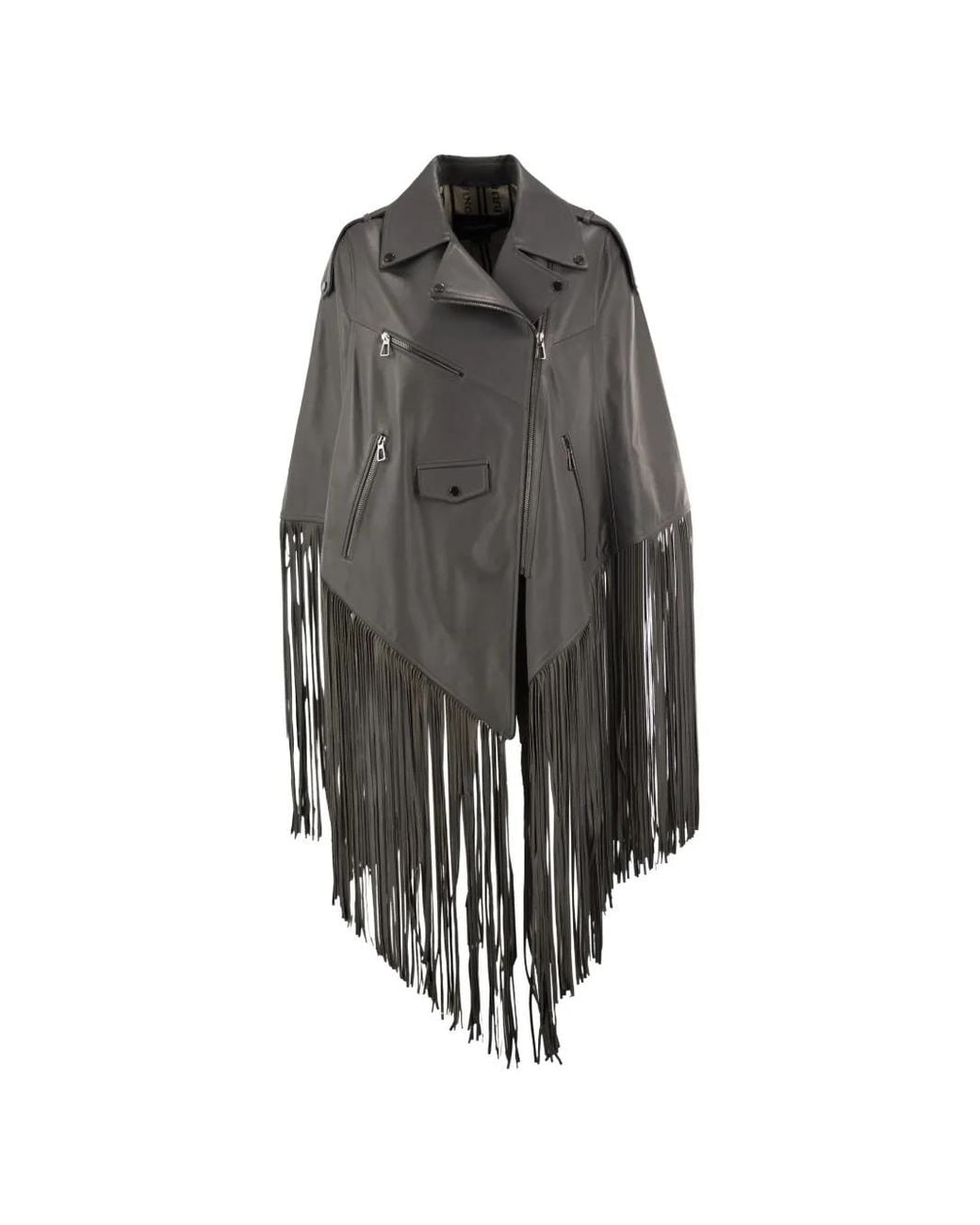 Lou Andrea Gray Fringe-Trimmed Leather Jacket
