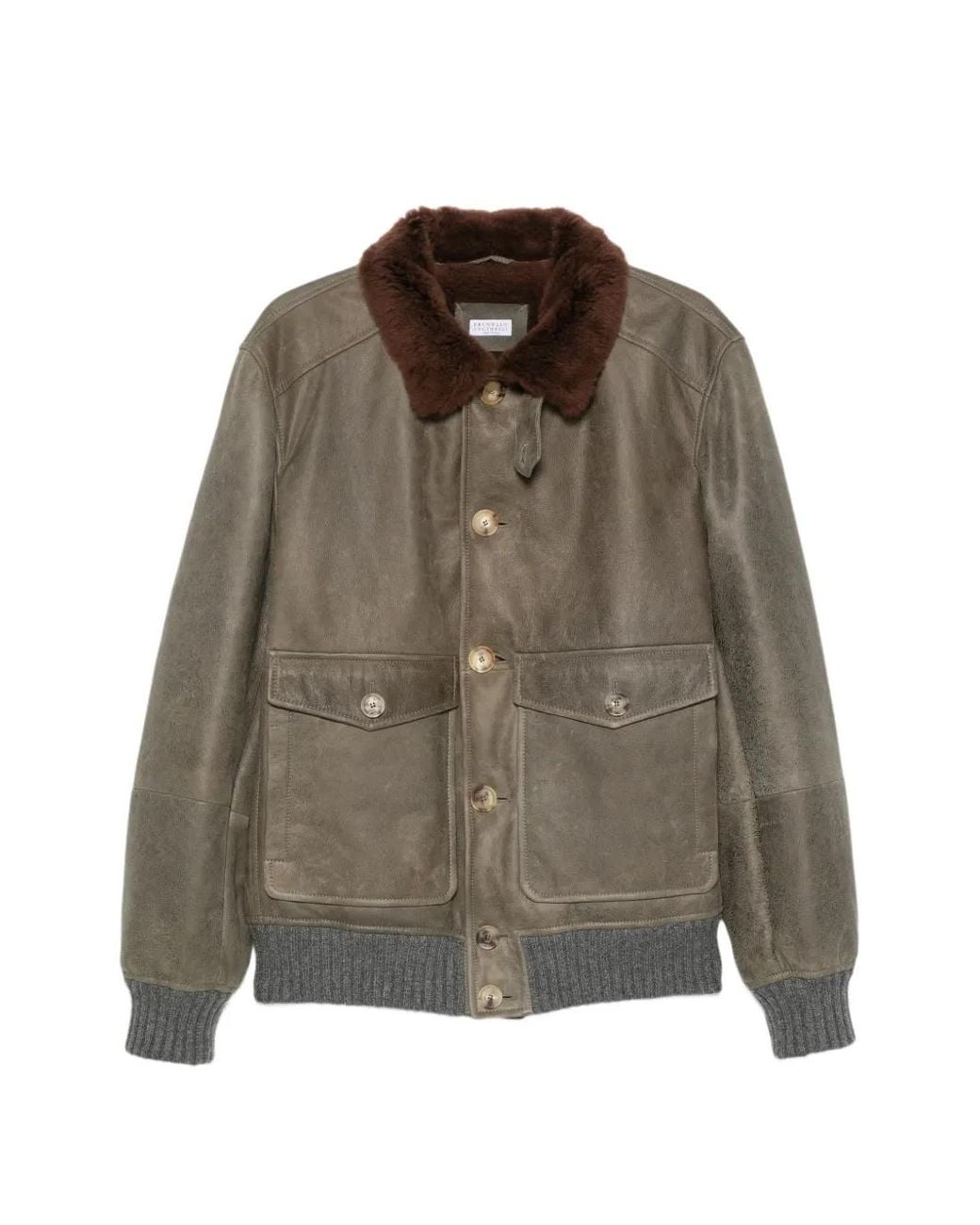 Brunello Cucinelli Brown Waxed Shearling Bomber Jacket With Shearling Collar for men