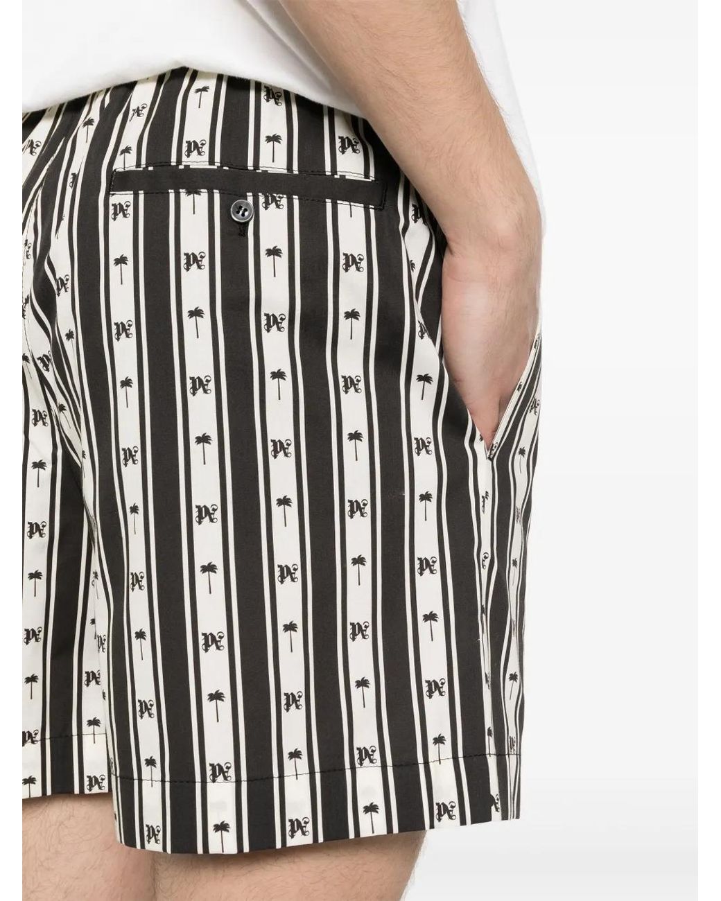Palm Angels Black Monogram-Print Striped Shorts for men