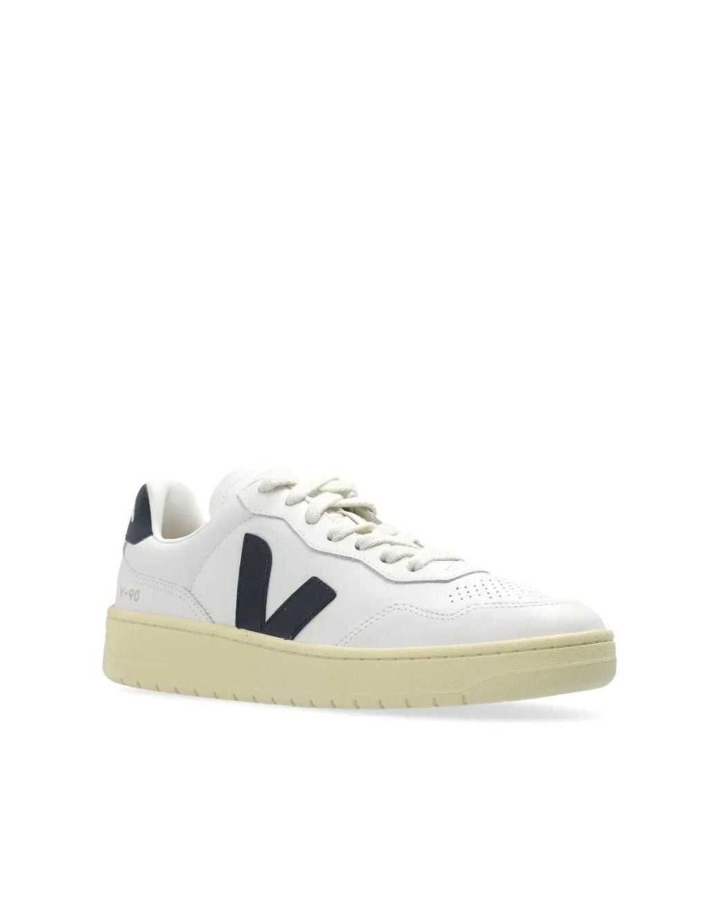 Veja White V-90 O. T. Logo Accents Leather Sneakers