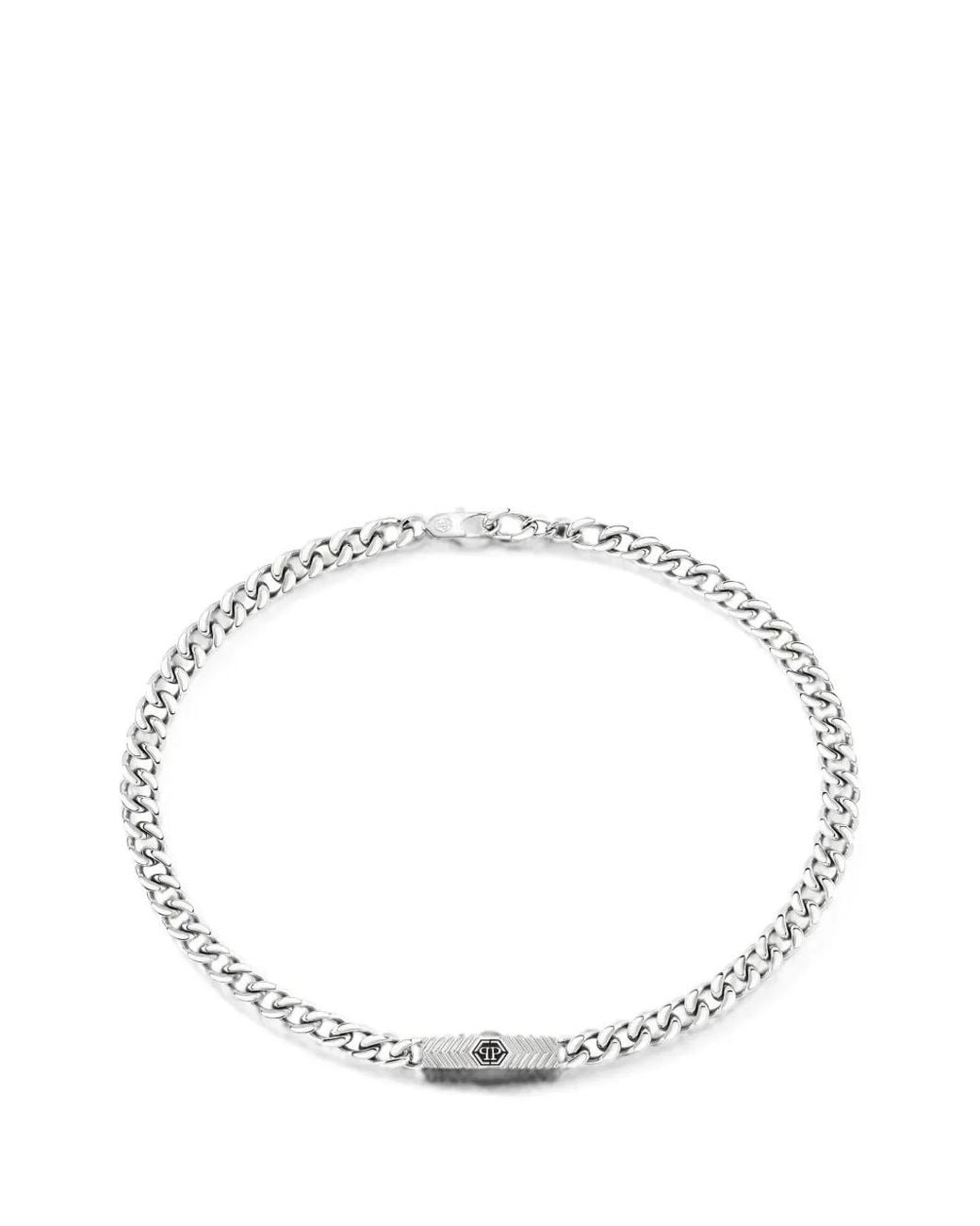 Philipp Plein White Plein Tag Gourmette Necklace for men