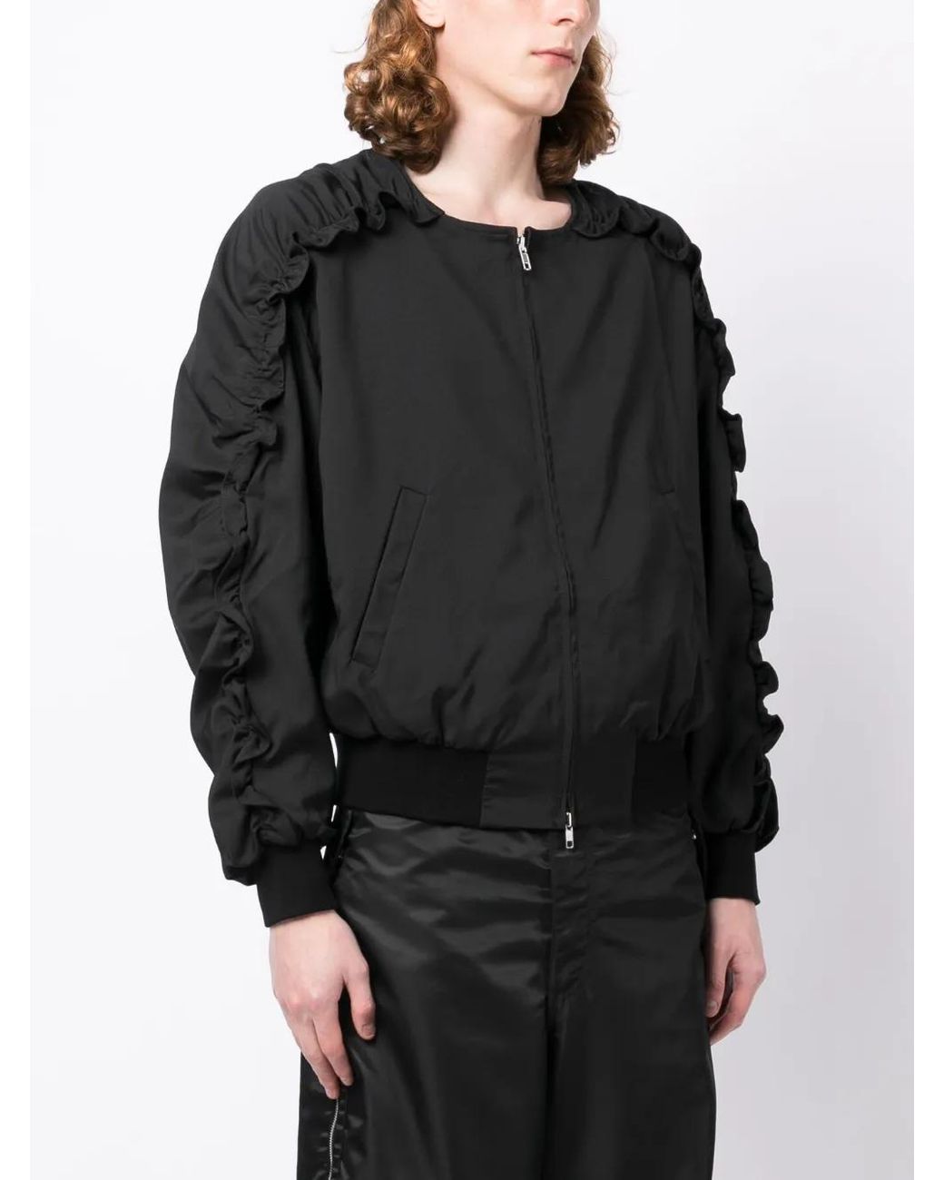 Random Identities Black Ruched Zip-Up Bomber Jacket for men