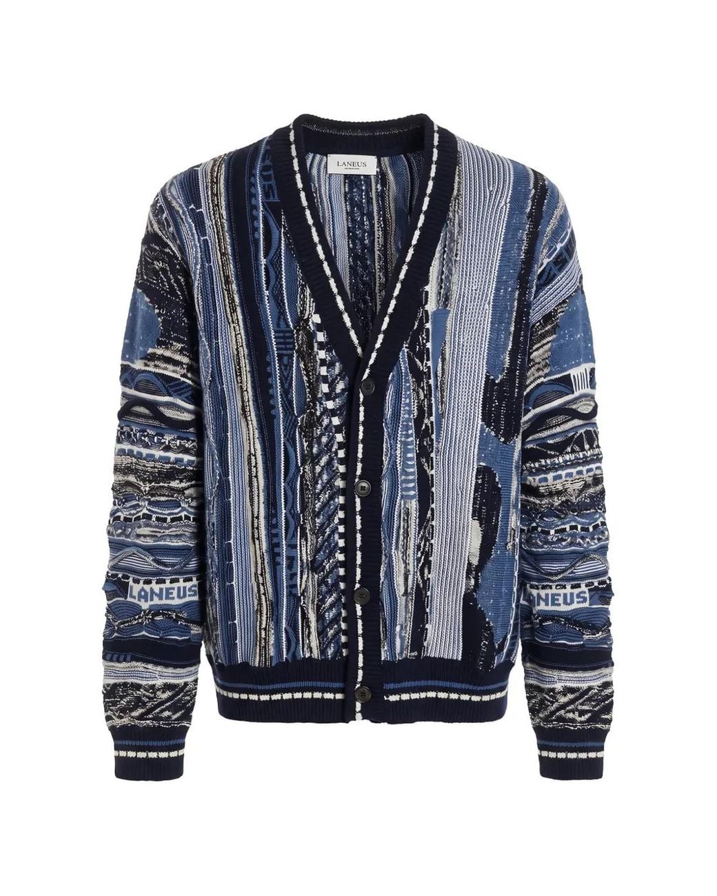 Laneus Blue Geometric-Motif V-Neck Cardigan for men