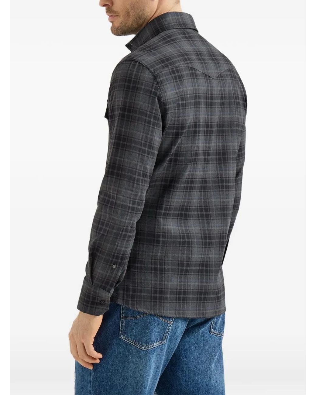 Brunello Cucinelli Gray Cotton Madras Western Shirt for men