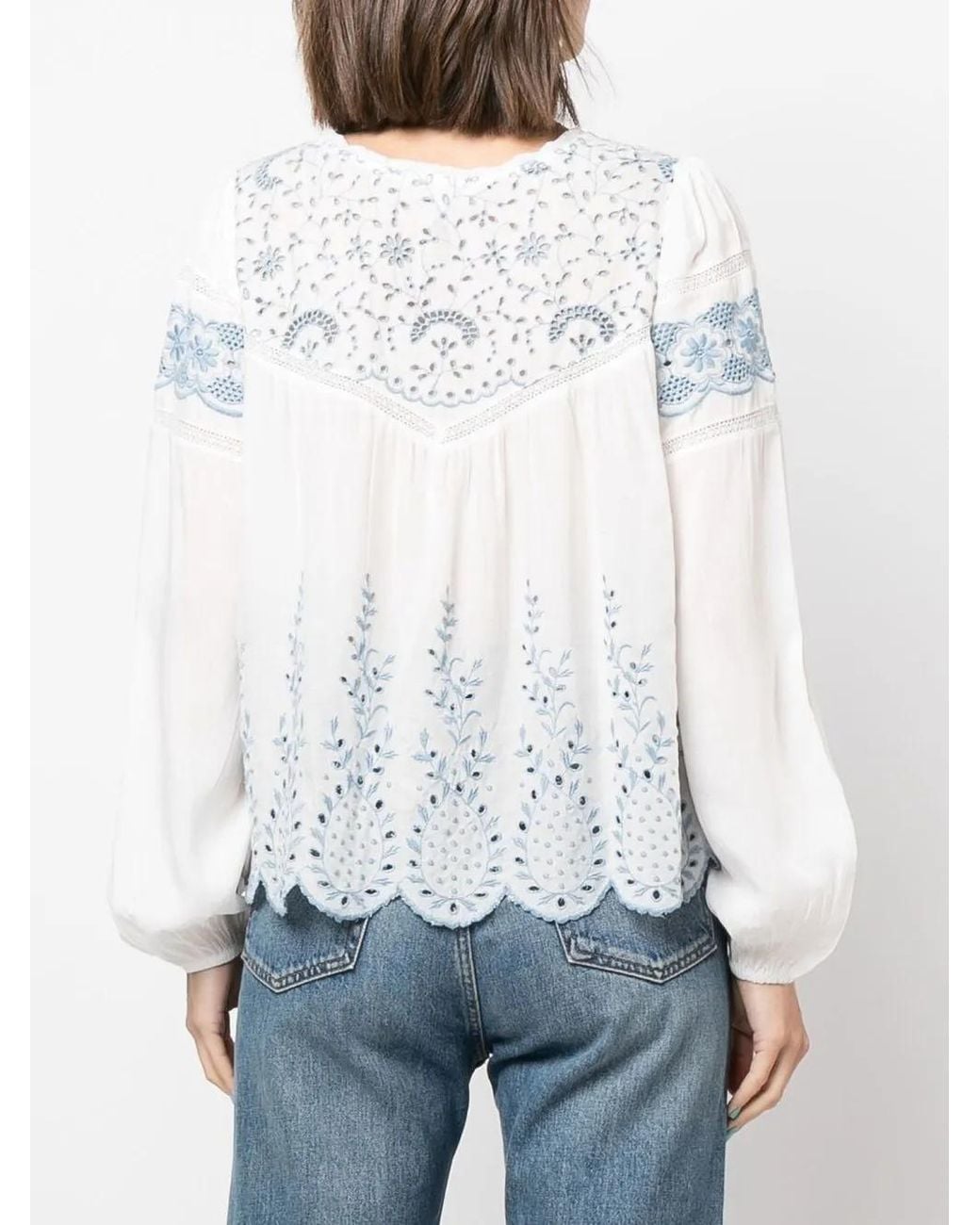 LoveShackFancy White Embroidered Crew Neck Blouse