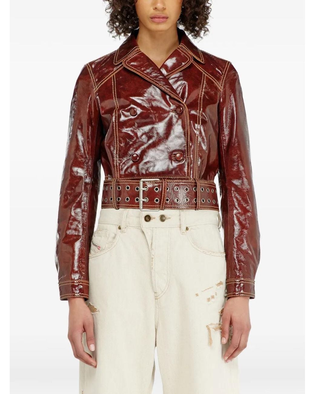 DIESEL Red Cropped Patent Leather Jacket With Double-Breasted Front
