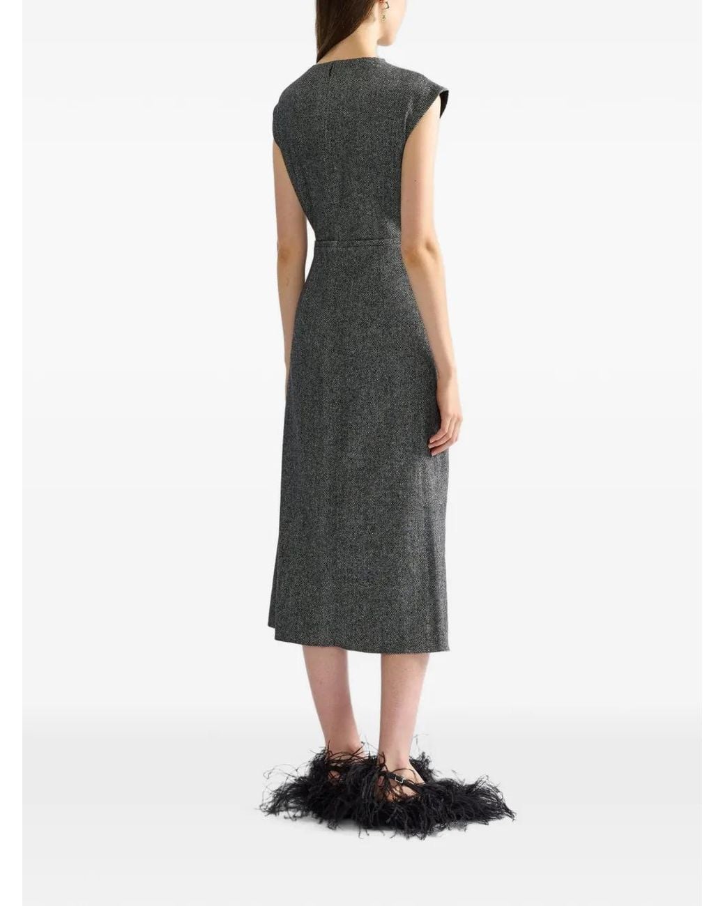 Erdem Gray Herringbone Draped Midi Dress
