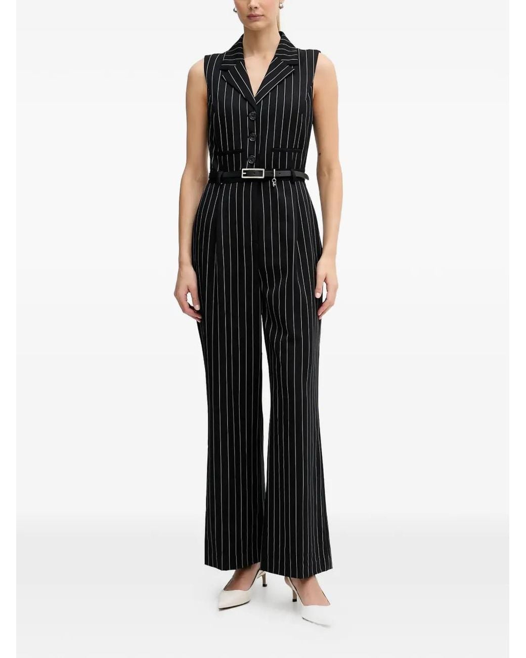 DKNY Black Striped Belted Jumpsuit