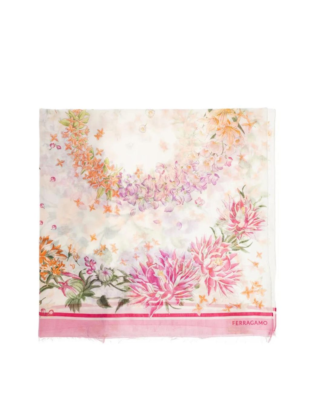 Ferragamo Pink Floral-Print Fringed Scarf