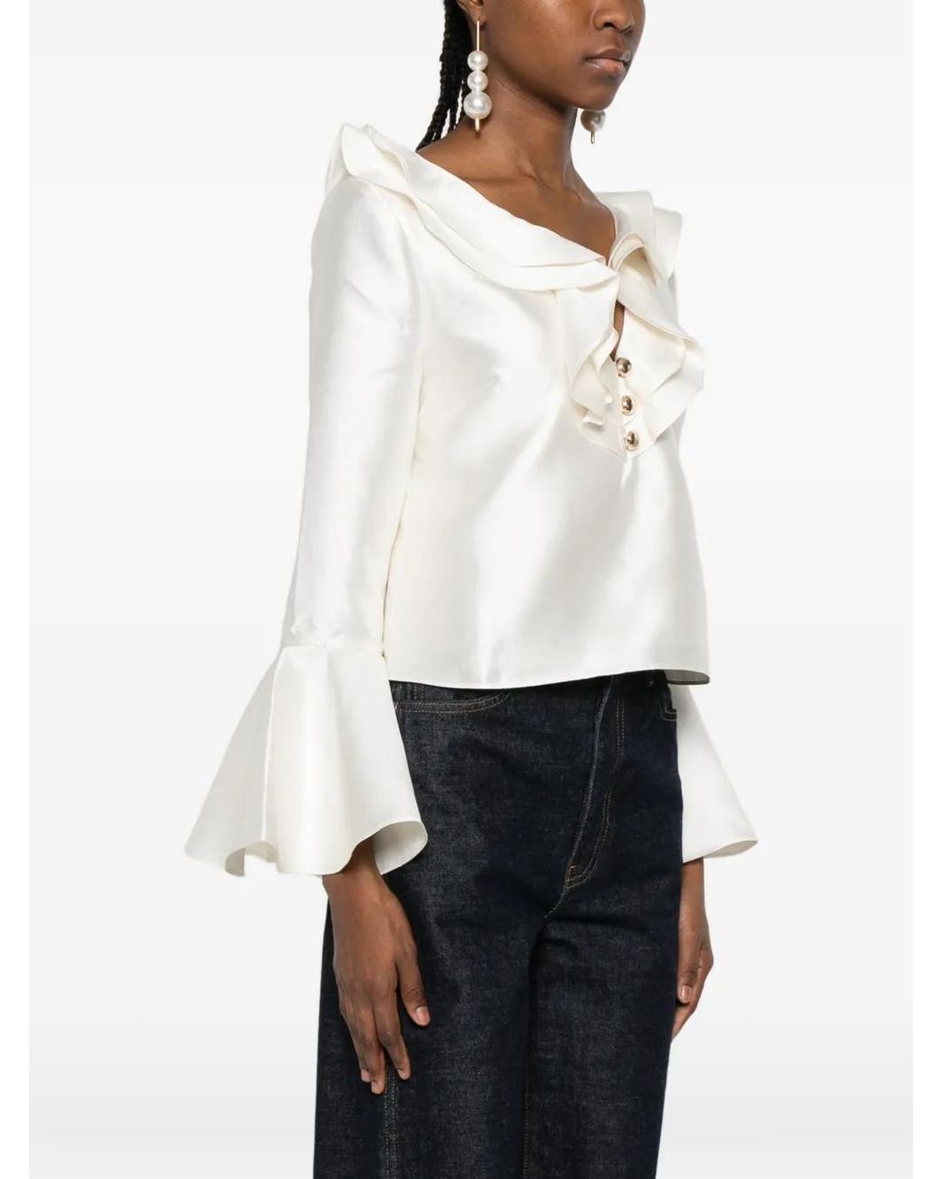 Self-Portrait White Taffeta Ruffled Blouse