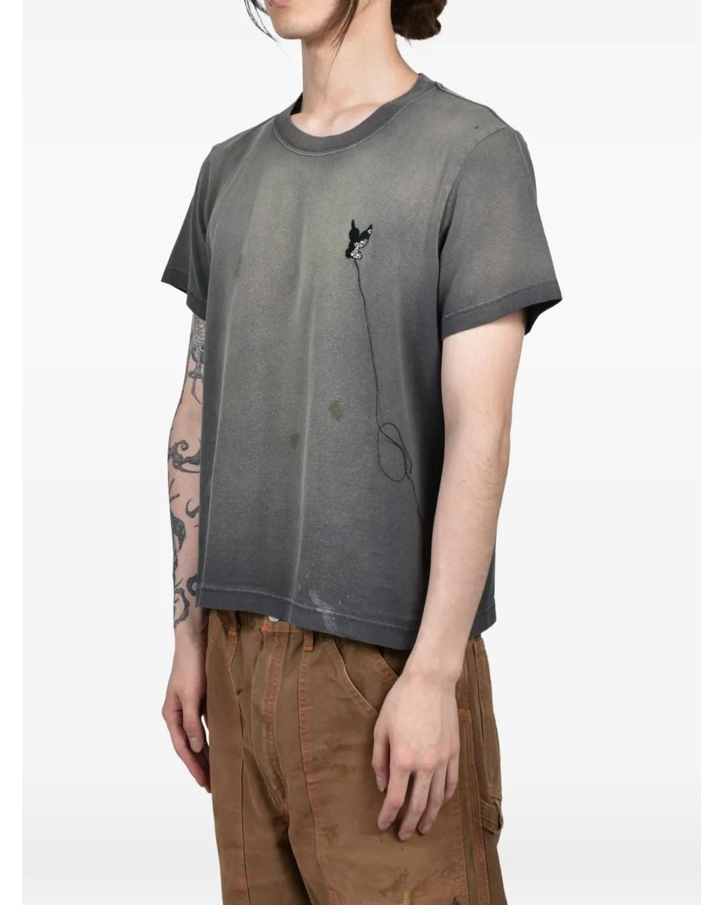MASU Gray T-Shirt Délavé À Ange Brodé for men