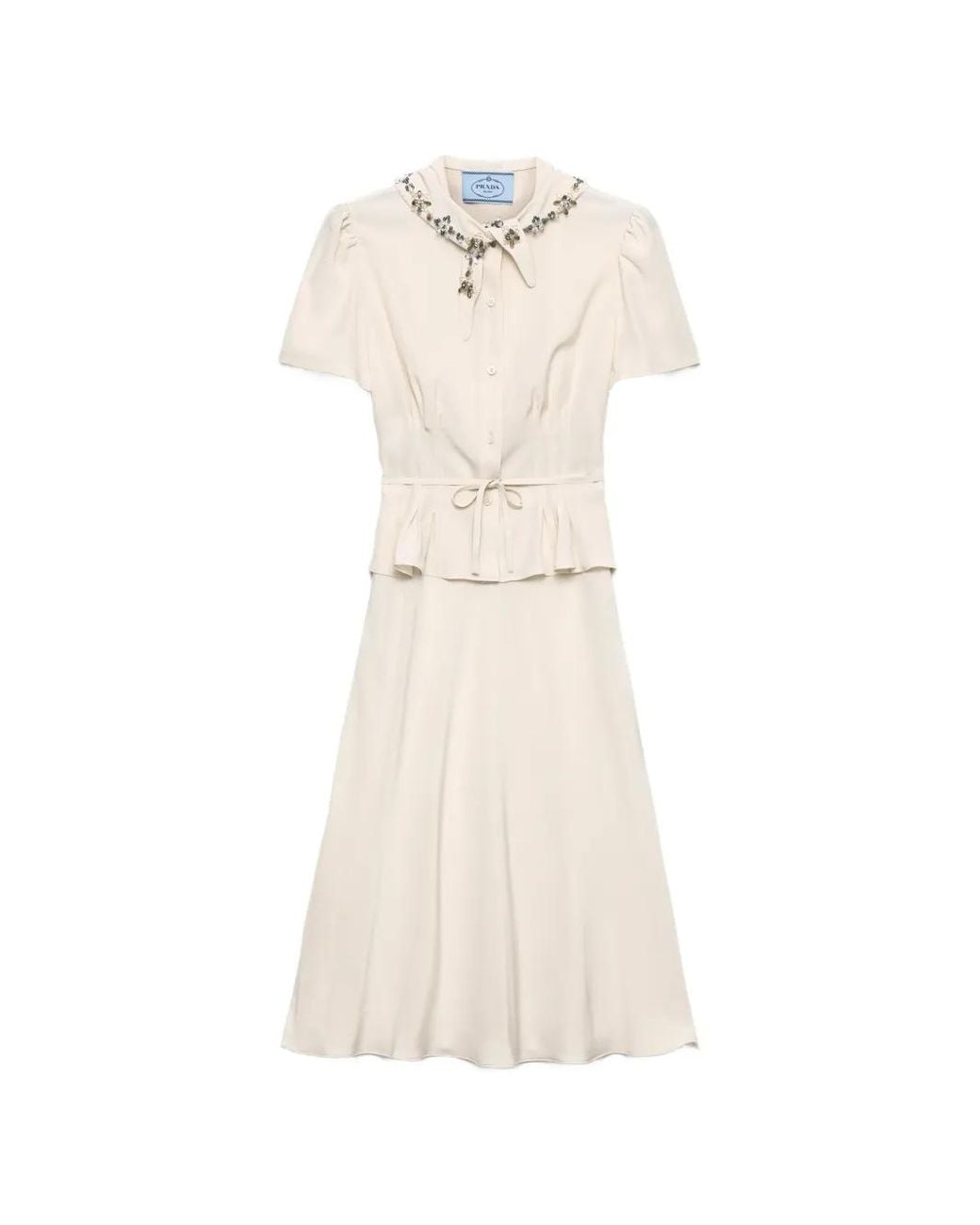 Prada White Crystal-Embellished Peplum-Waist Midi Dress