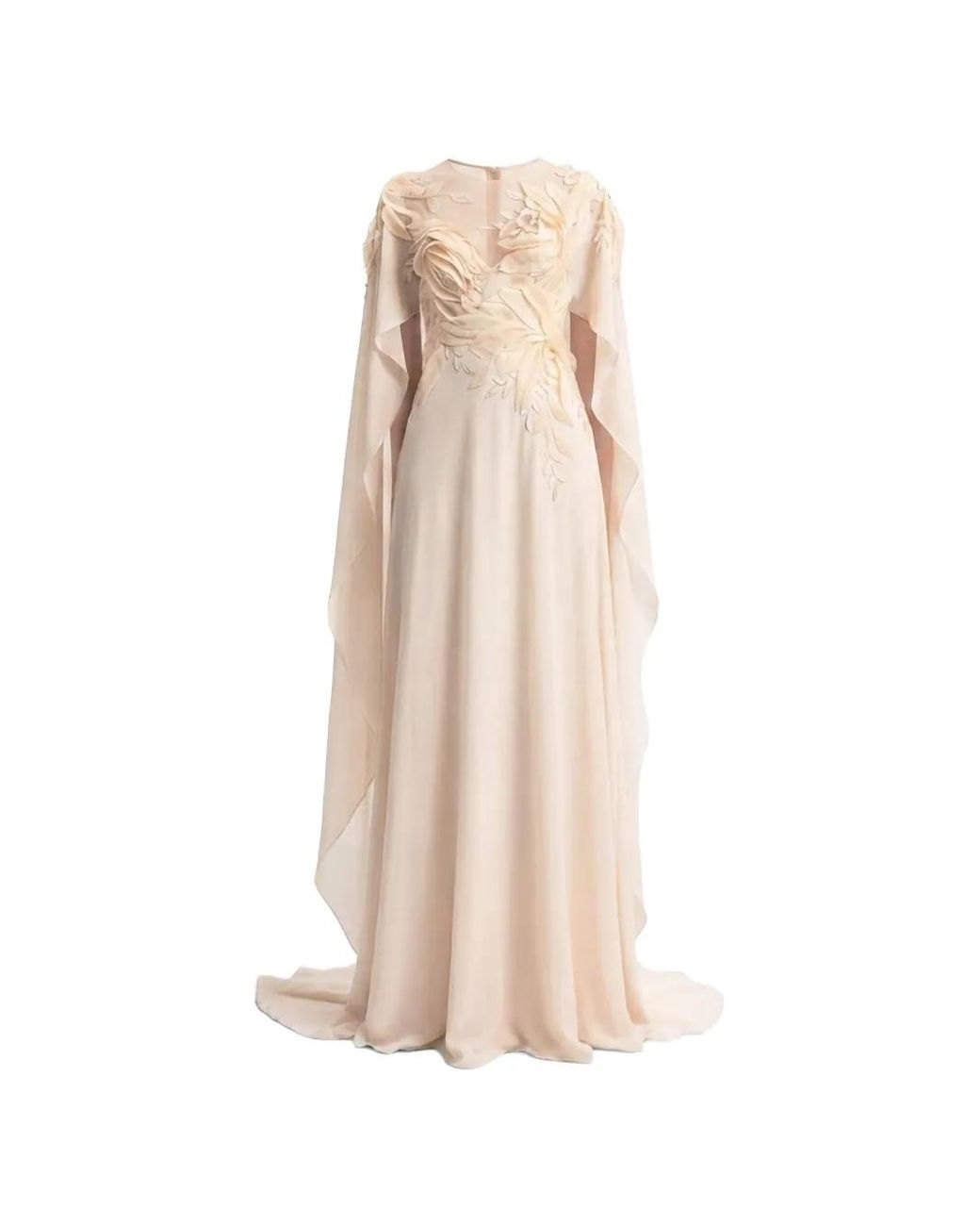 Gemy Maalouf Natural Embroidered Ruffled-Sleeve Dress