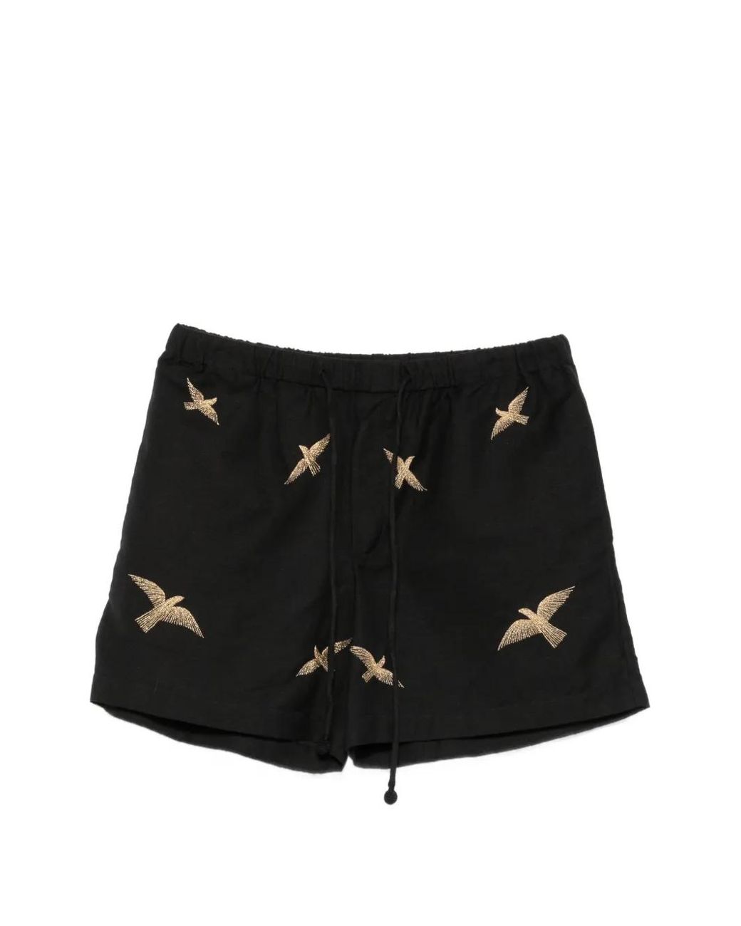 BAZISZT Black Bird-Embroidered Drawstring Shorts for men