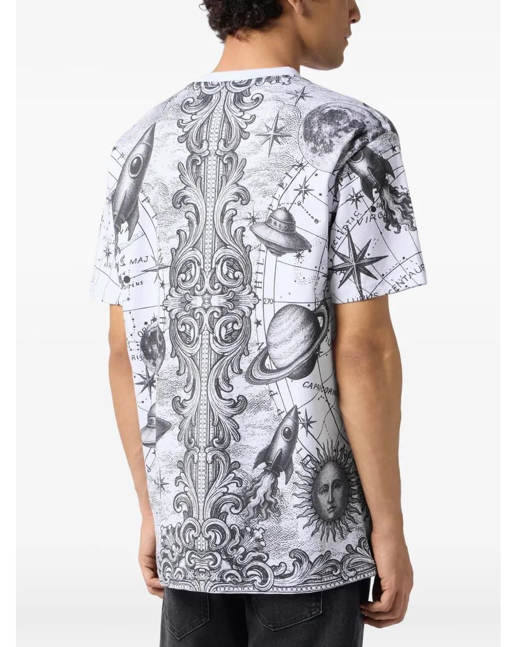 Philipp Plein Gray Round Neck T-Shirt All-Over Zodiac for men