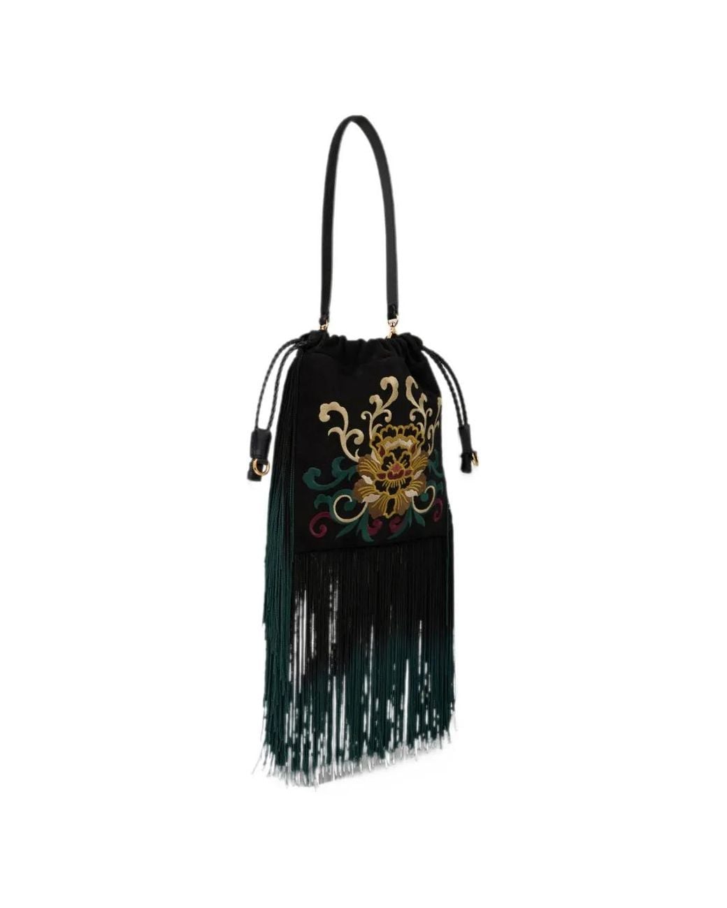 Etro Black Small Suede Kalispera Bag With Embroidered Fringing