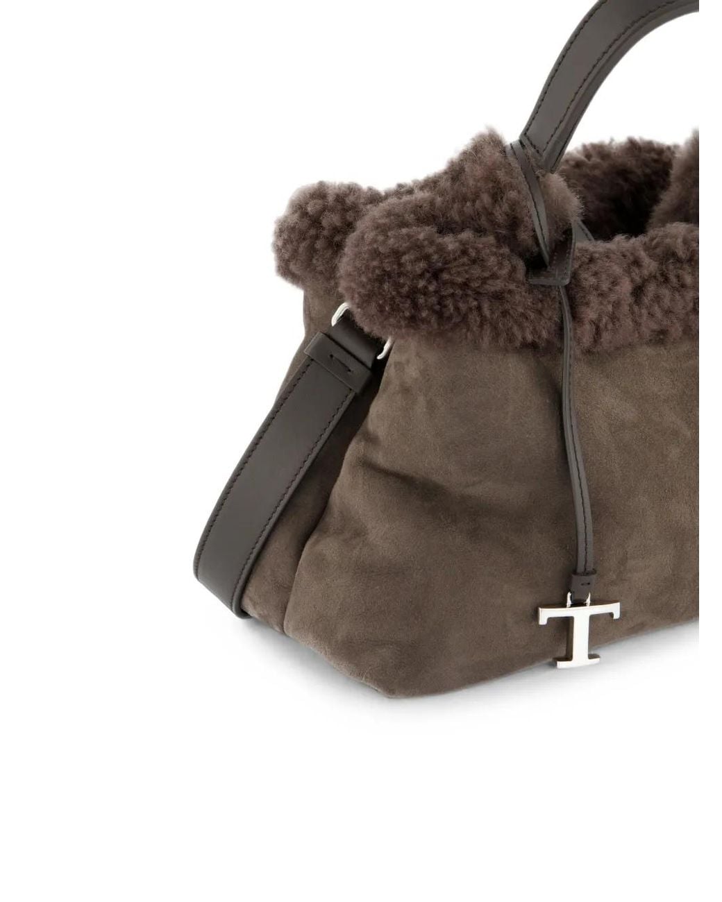 Tod's Brown Shearling-Trim Leather Tote Bag