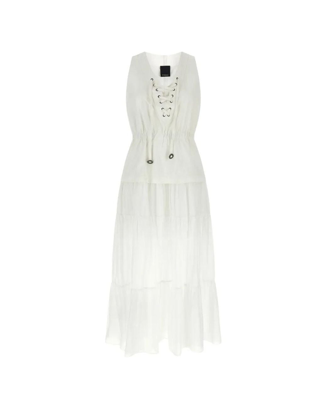 Pinko White Long Cotton Dress With Flounce And Ribbons