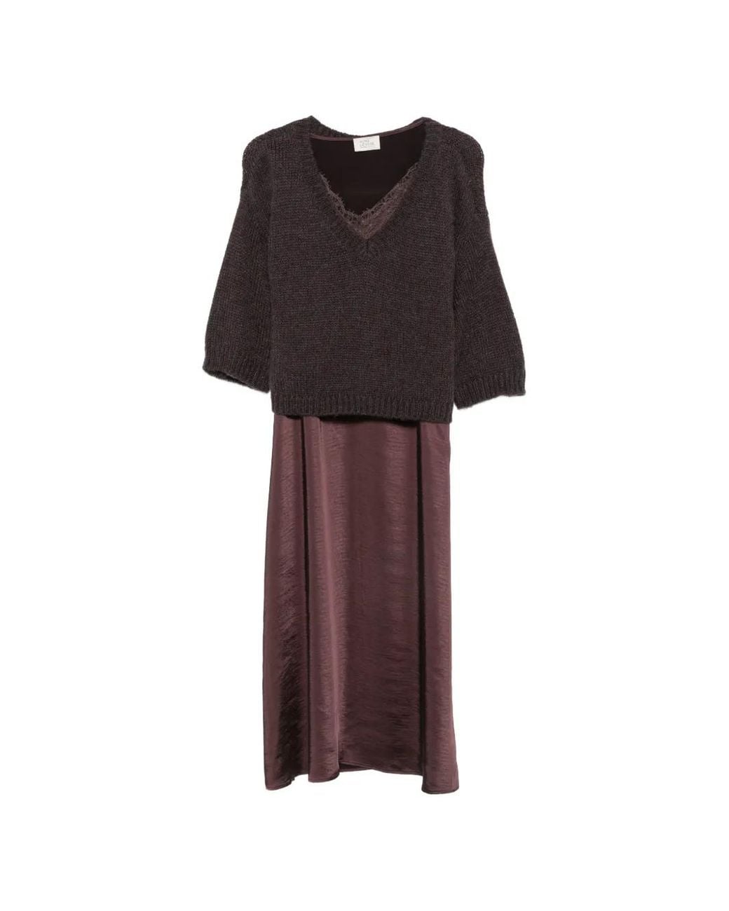 Vera Mont Brown Lace-Trim Satin Midi Dress