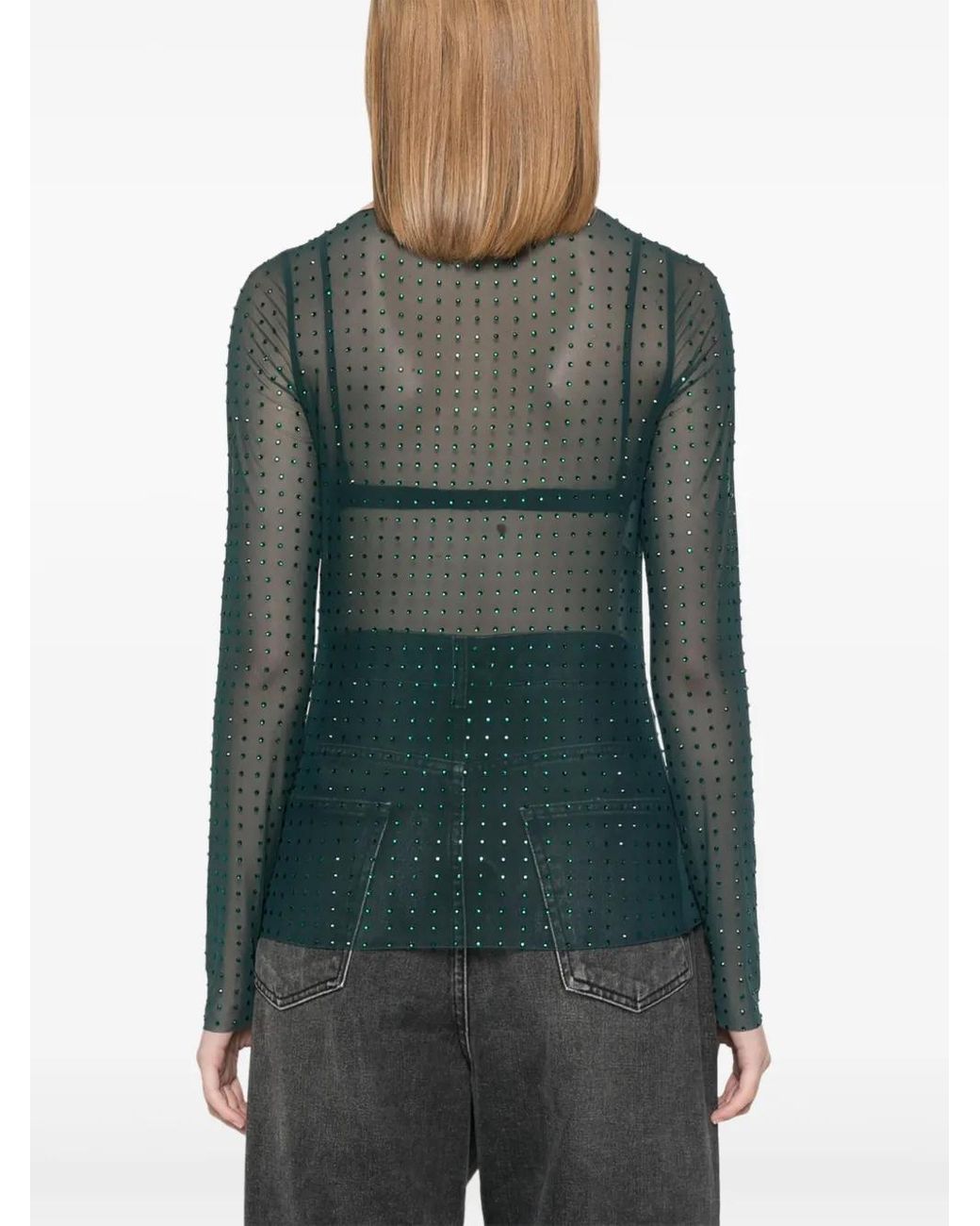 Pinko Green Transparent Rouen T-Shirt With Rhinestones