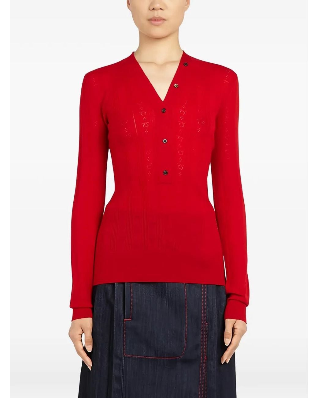 Ferragamo Red Pull En Maille Pointelle À Boutonnière