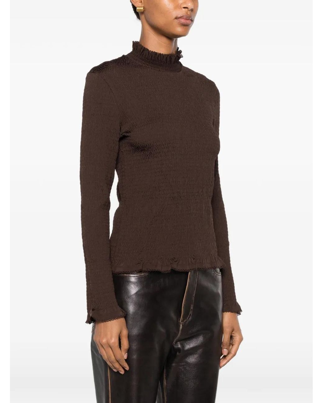 Sandro Brown Smocked T-Shirt With Ruffle Collar