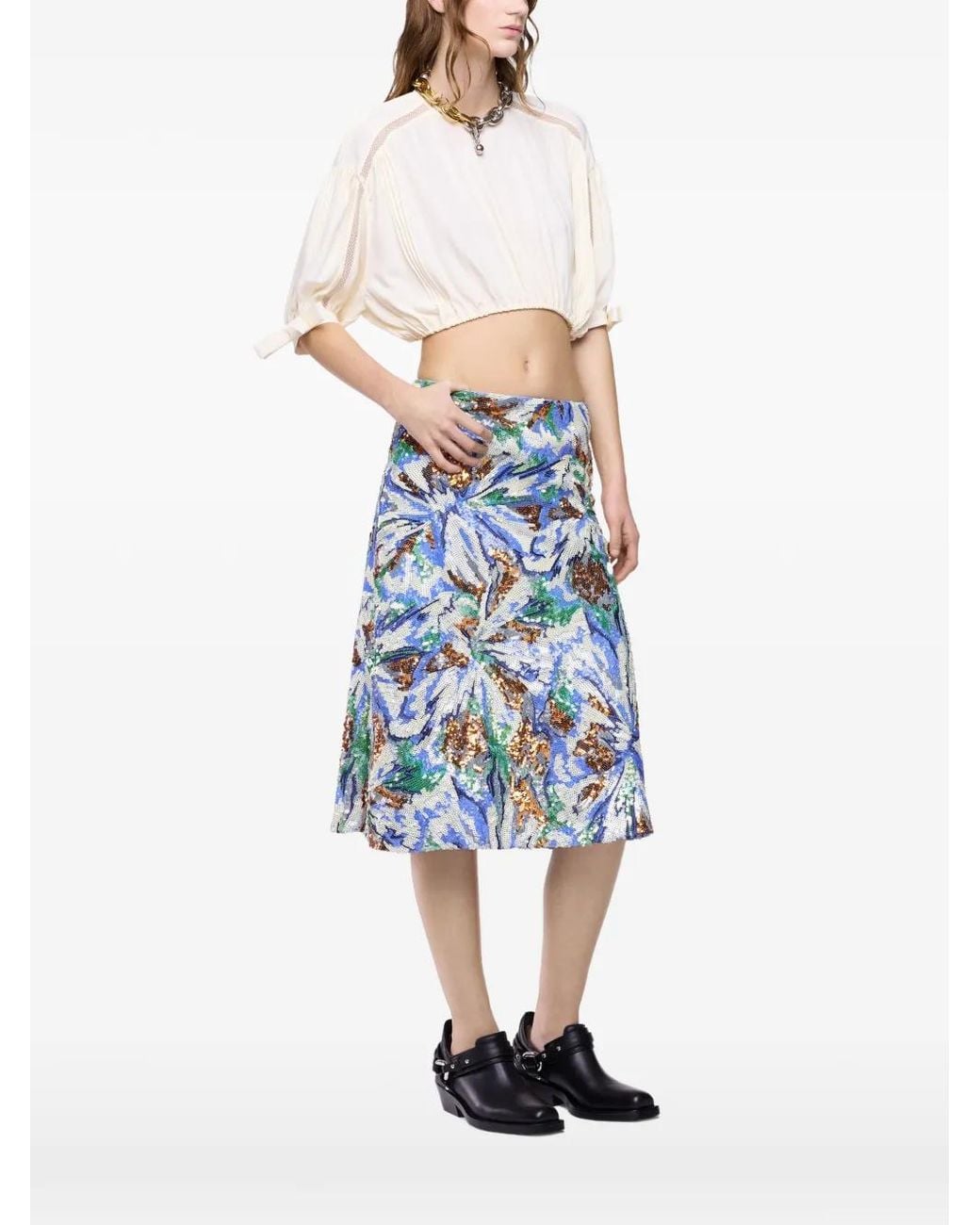 Rabanne Blue Puff-Sleeve Cropped Top