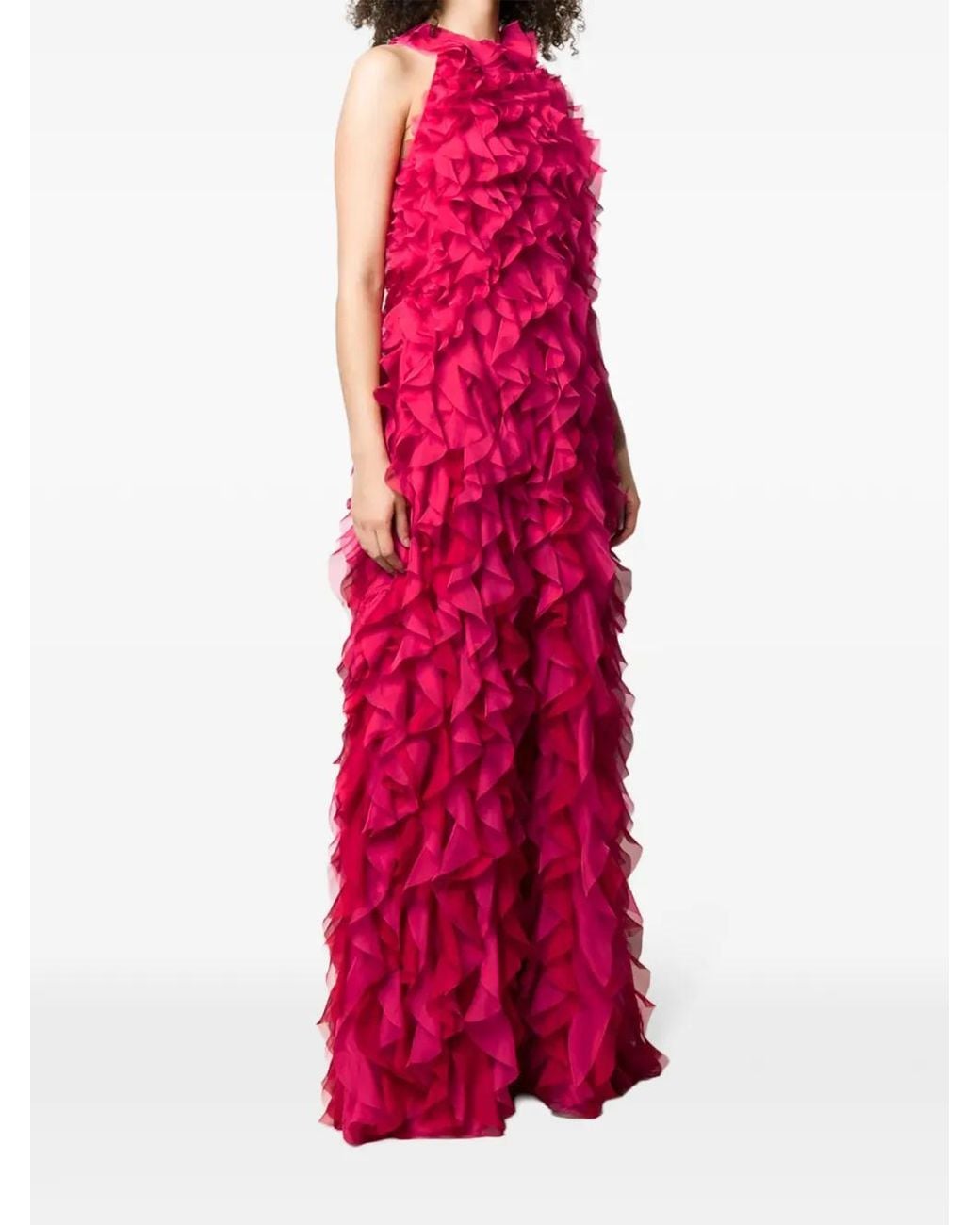 Alberta Ferretti Red Ruffled Racerback Evening Dress
