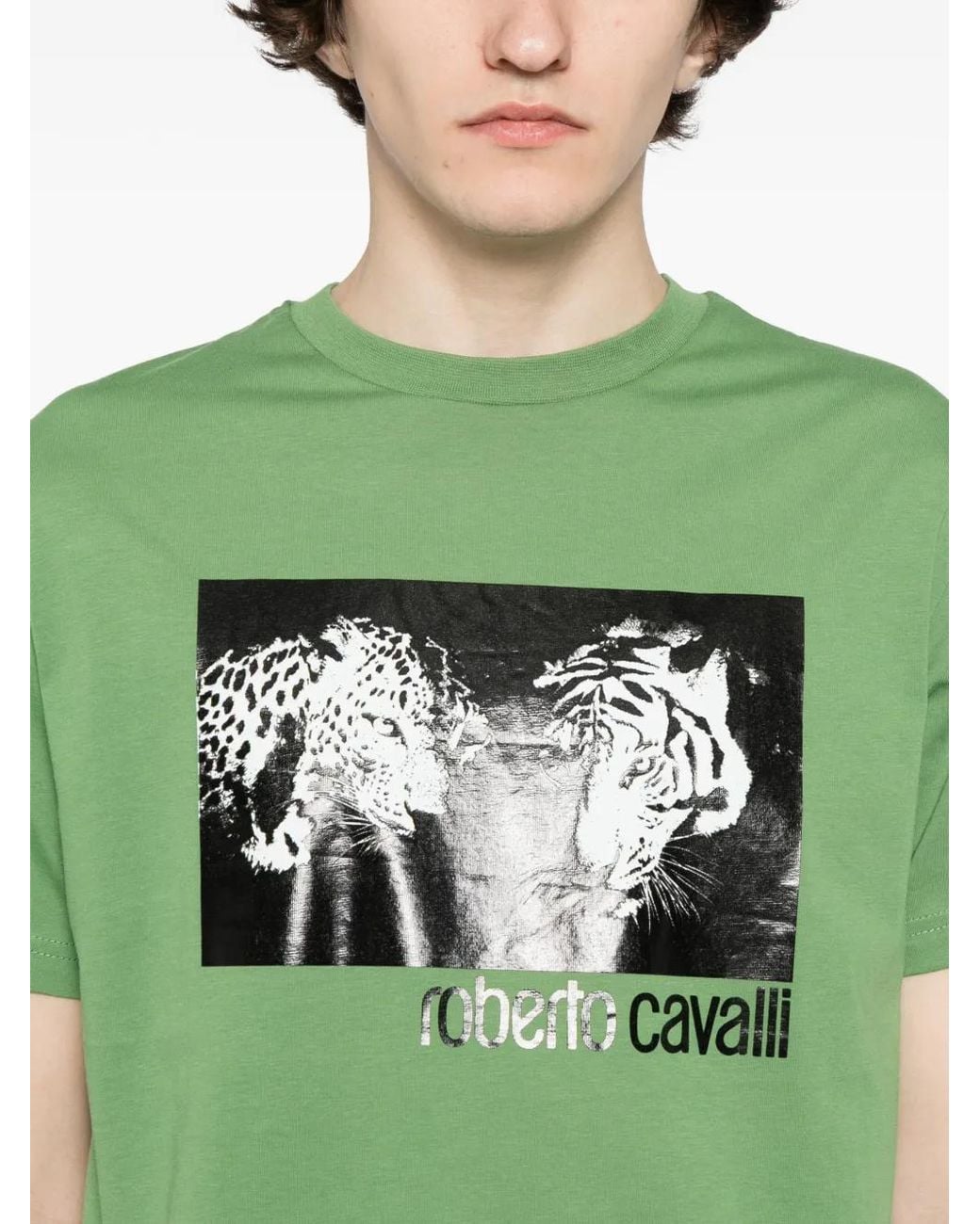 Roberto Cavalli Green Graphic-Print Cotton T-Shirt for men