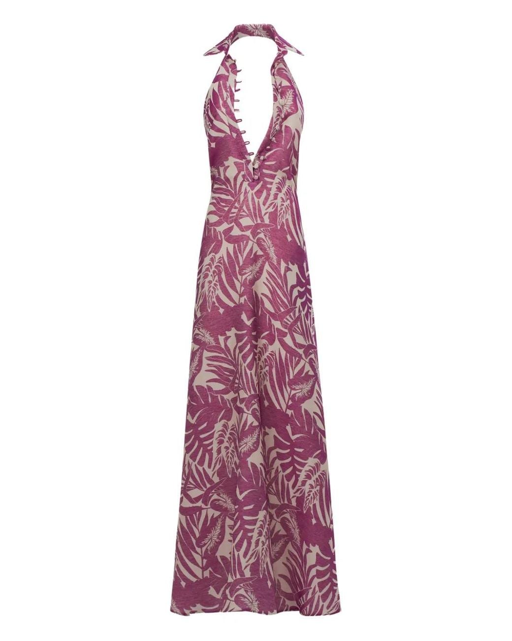 Taller Marmo Purple Barbara Tropical Buttoned Maxi Dress