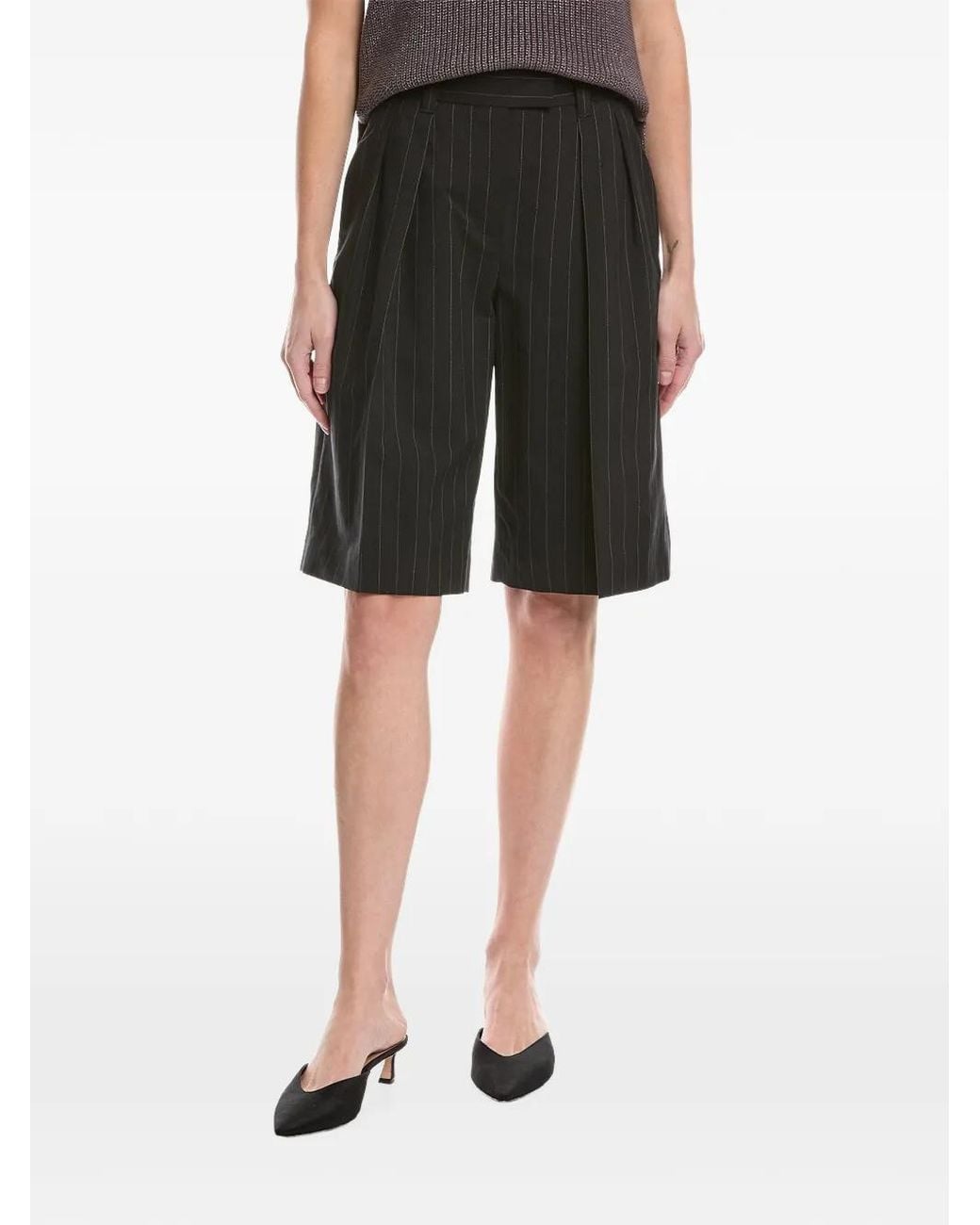Brunello Cucinelli Black Pinstripe-Print Pleated Shorts