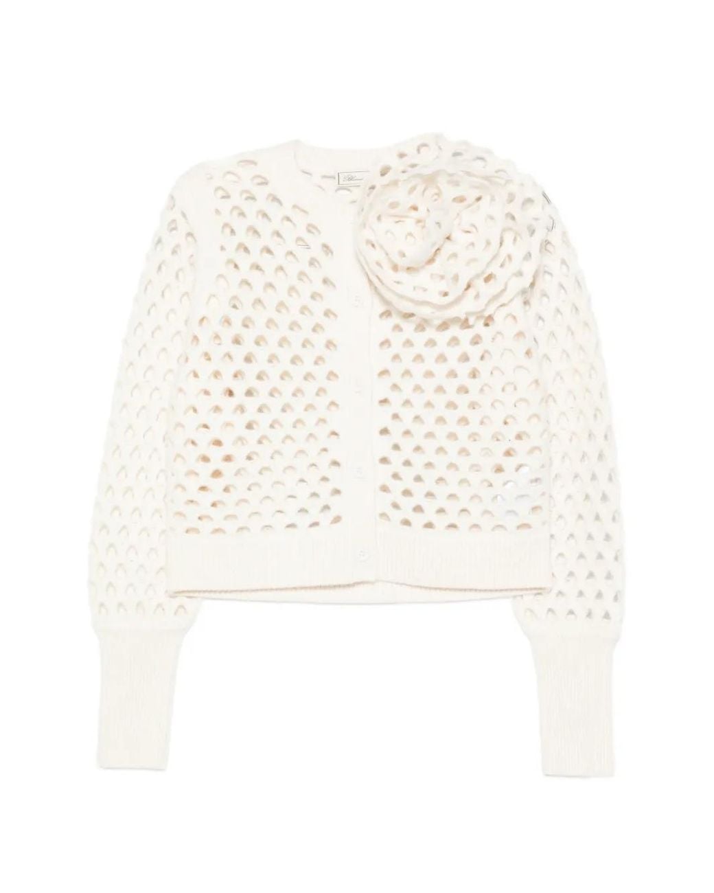 Blumarine White Openwork Wool Cardigan With 3D Rose