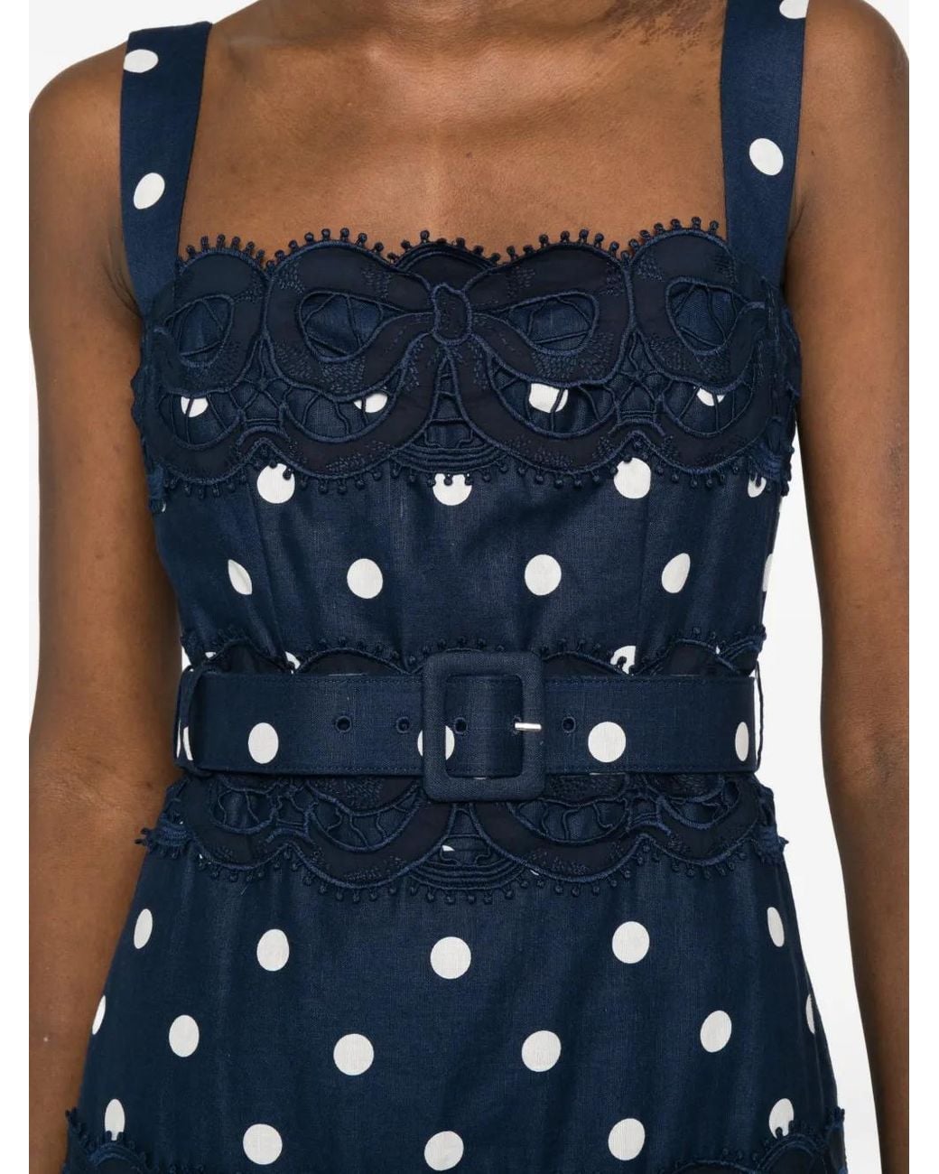 Self-Portrait Polka Dot Linen Midi Dress in Blue | Lyst