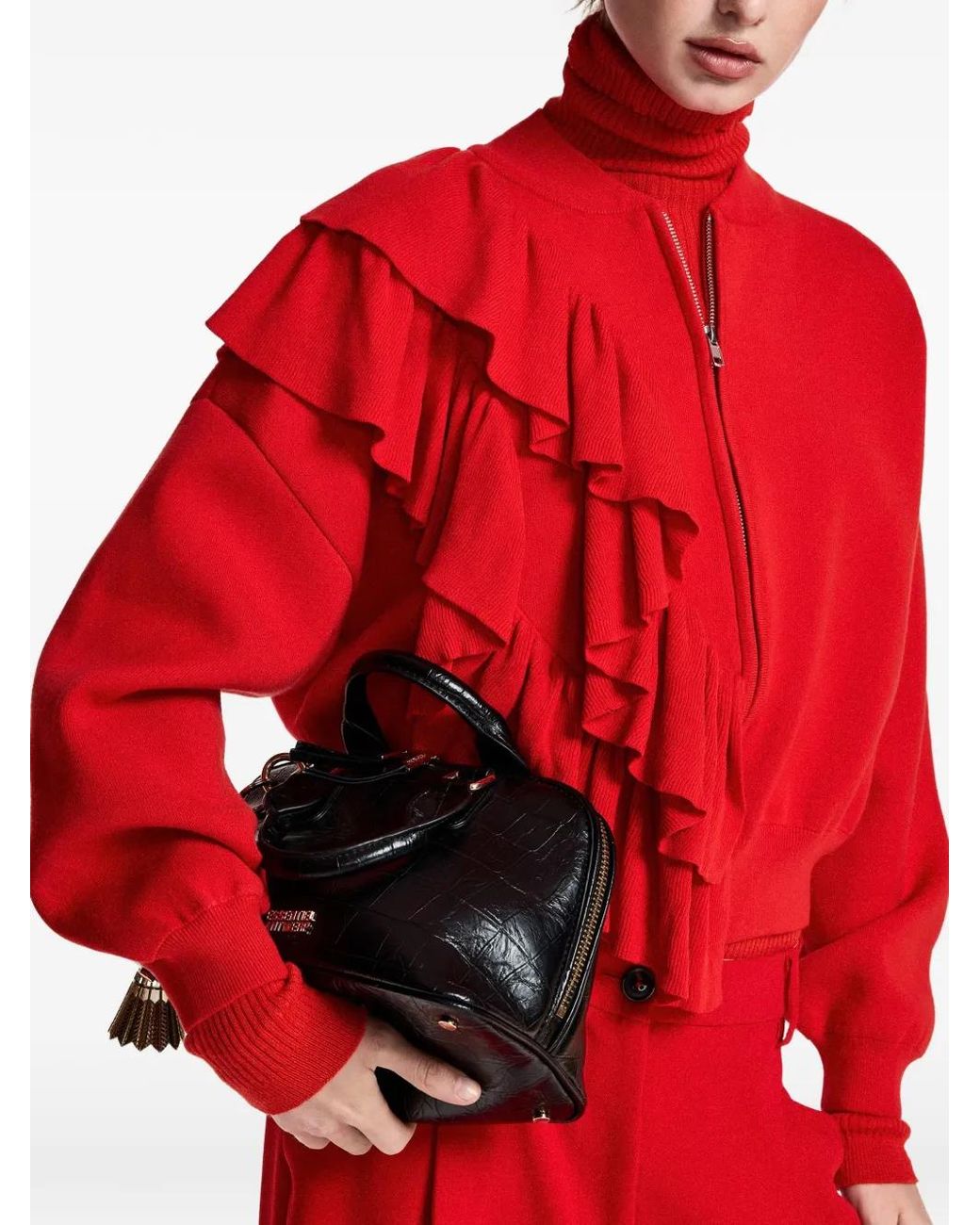 Essentiel Antwerp Red Cardigan Zippé À Volants