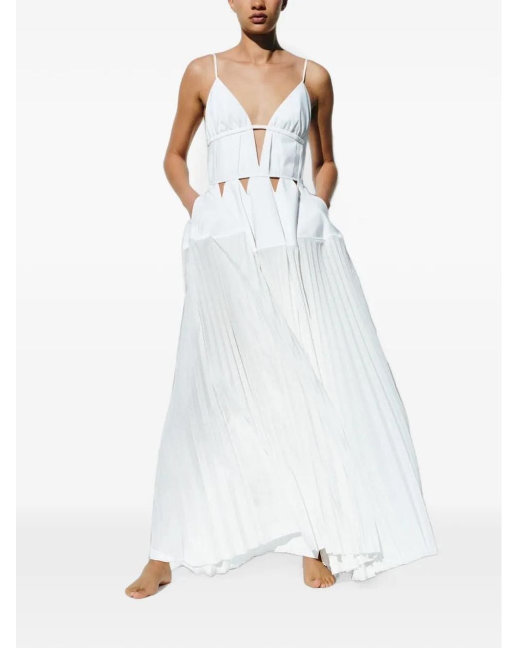 Jonathan Simkhai White Robe Longue Selene À Design Plissé