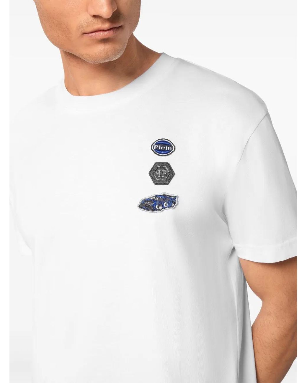 Philipp Plein White Jersey T-Shirt Round Neck Ss Cars Racing for men
