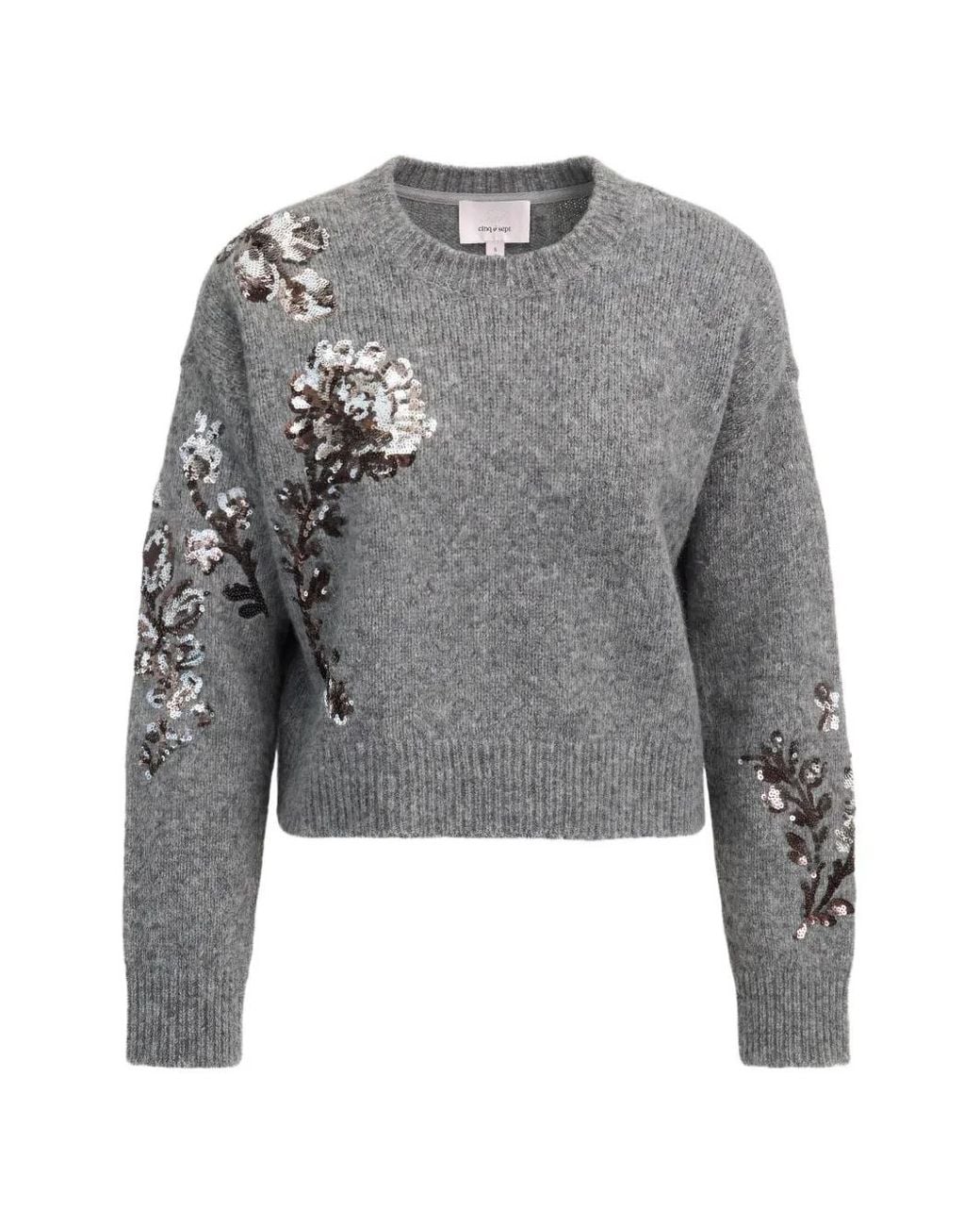 Cinq À Sept Gray Esmerine Sequin-Embellished Floral-Motif Sweater