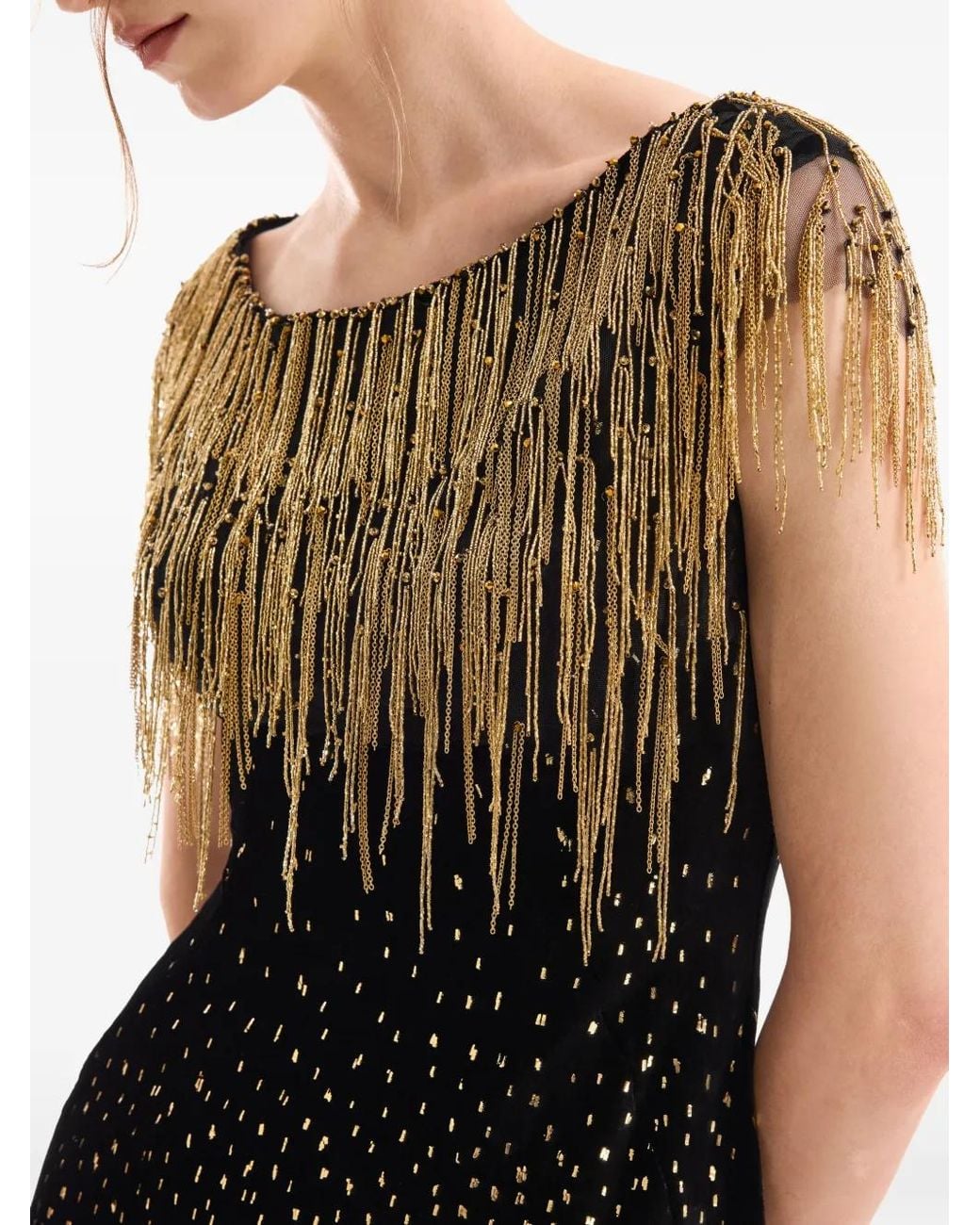 Gemy Maalouf Black Beaded Fringe-Trimmed Dress