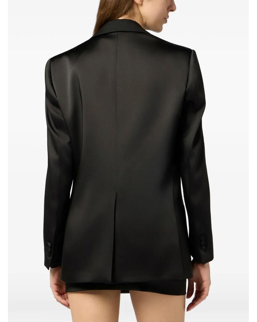 Philipp Plein Black Double-Breasted Satin Blazer Roses