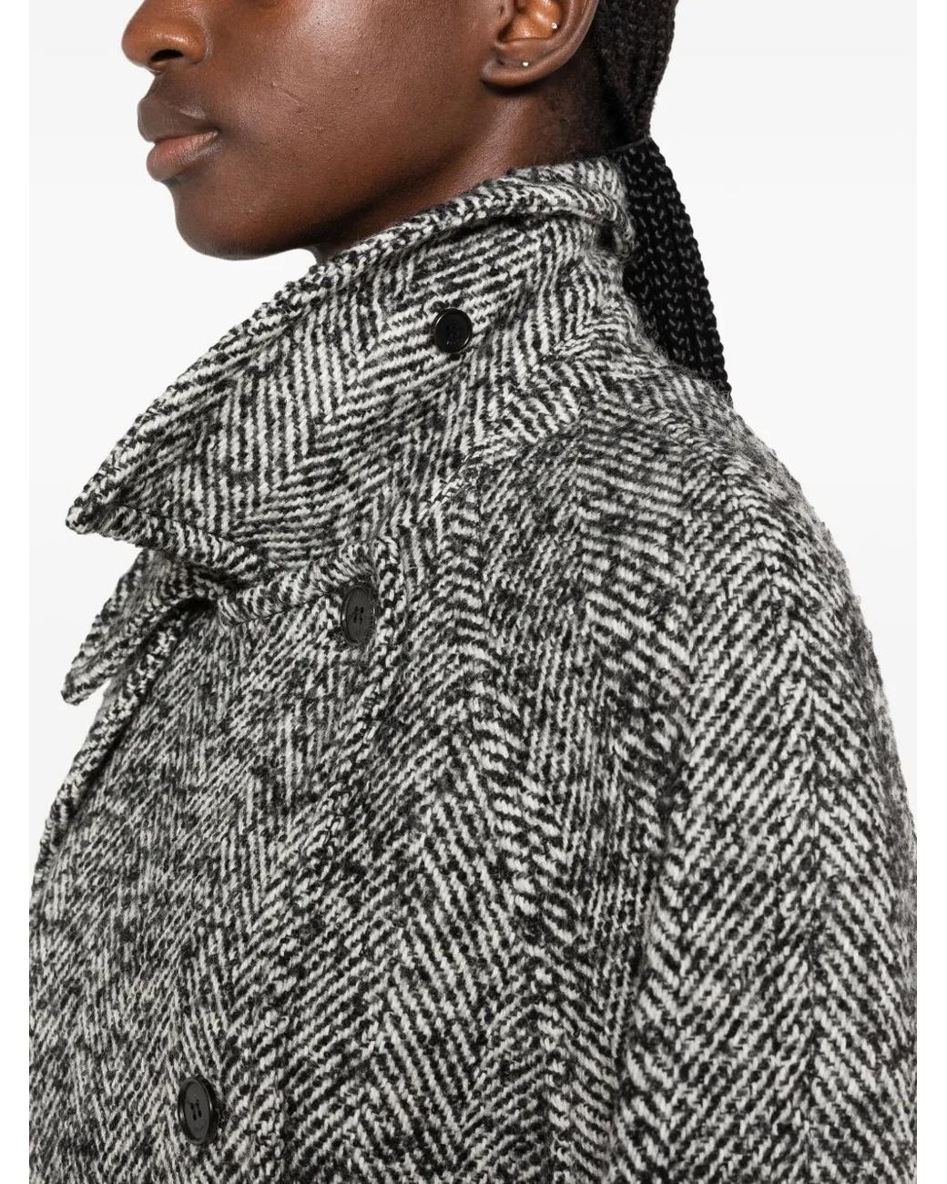 Juun.J Gray Herringbone-Pattern Belted Coat