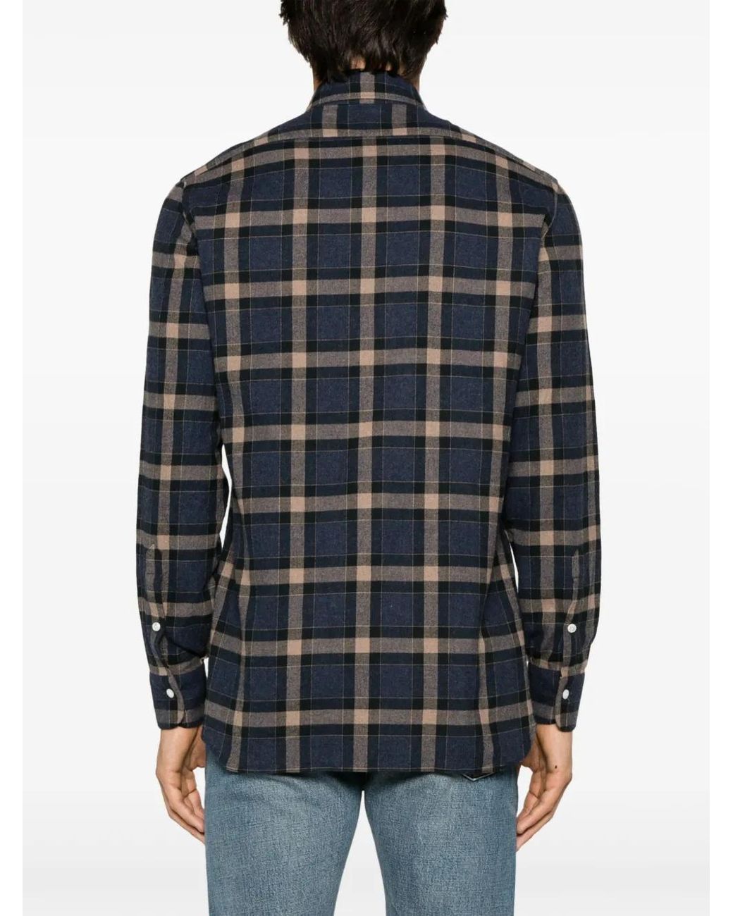 Barba Napoli Blue Checked Long-Sleeve Cotton Shirt for men