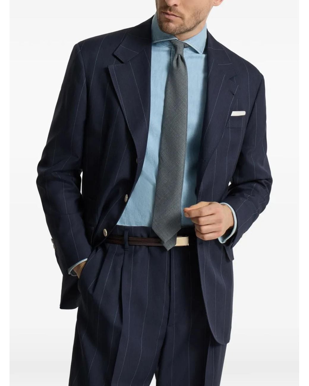 Brunello Cucinelli Blue Virgin Wool Chalk Stripe Tailor Blazer for men