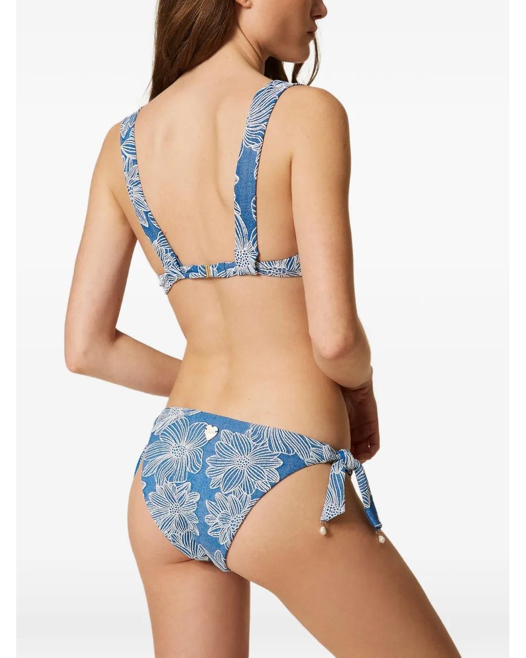 Twinset Blue Jacquard Bikini Thong With Pearls