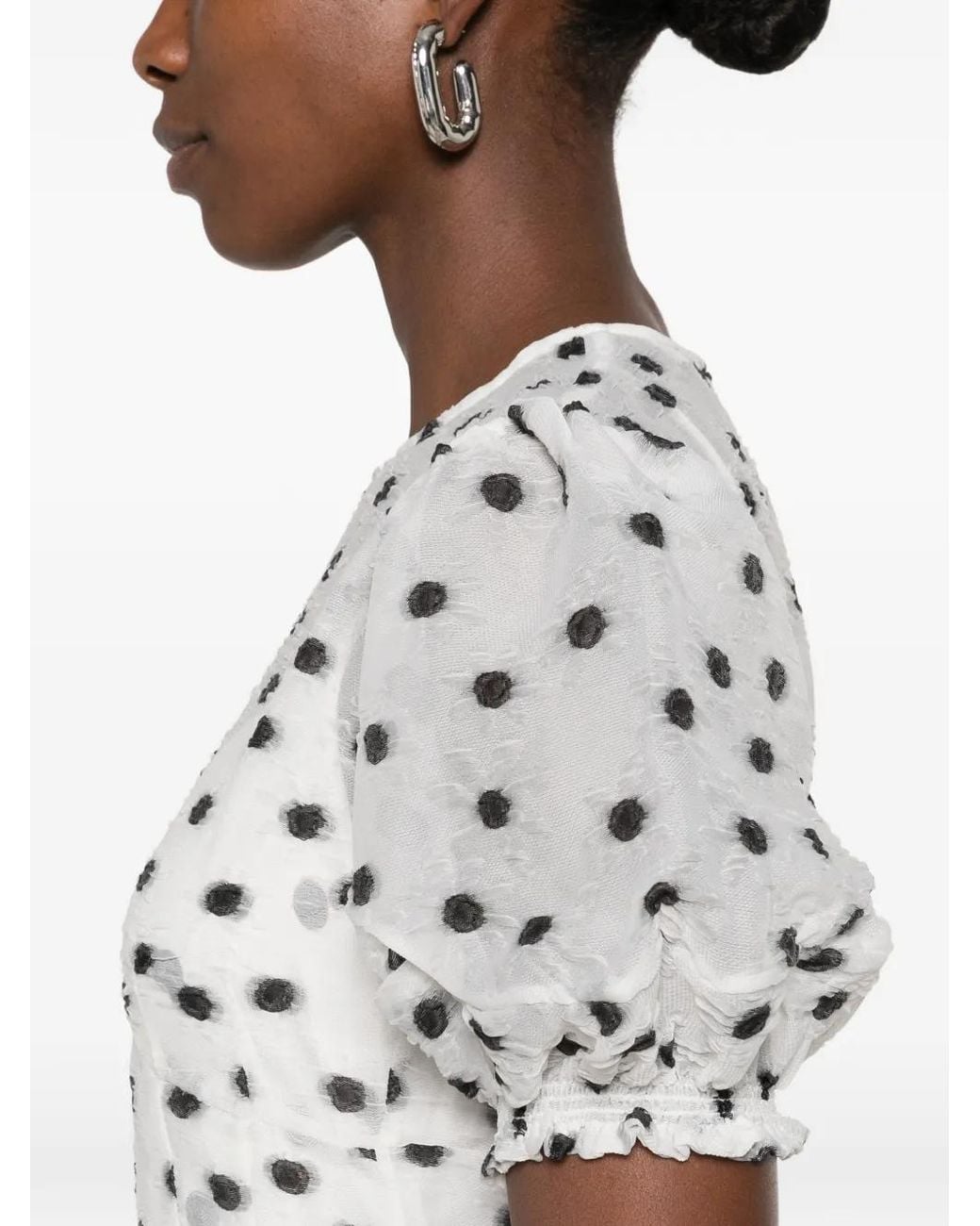 Stine Goya White Polka-Dot Puff-Sleeve Midi Dress