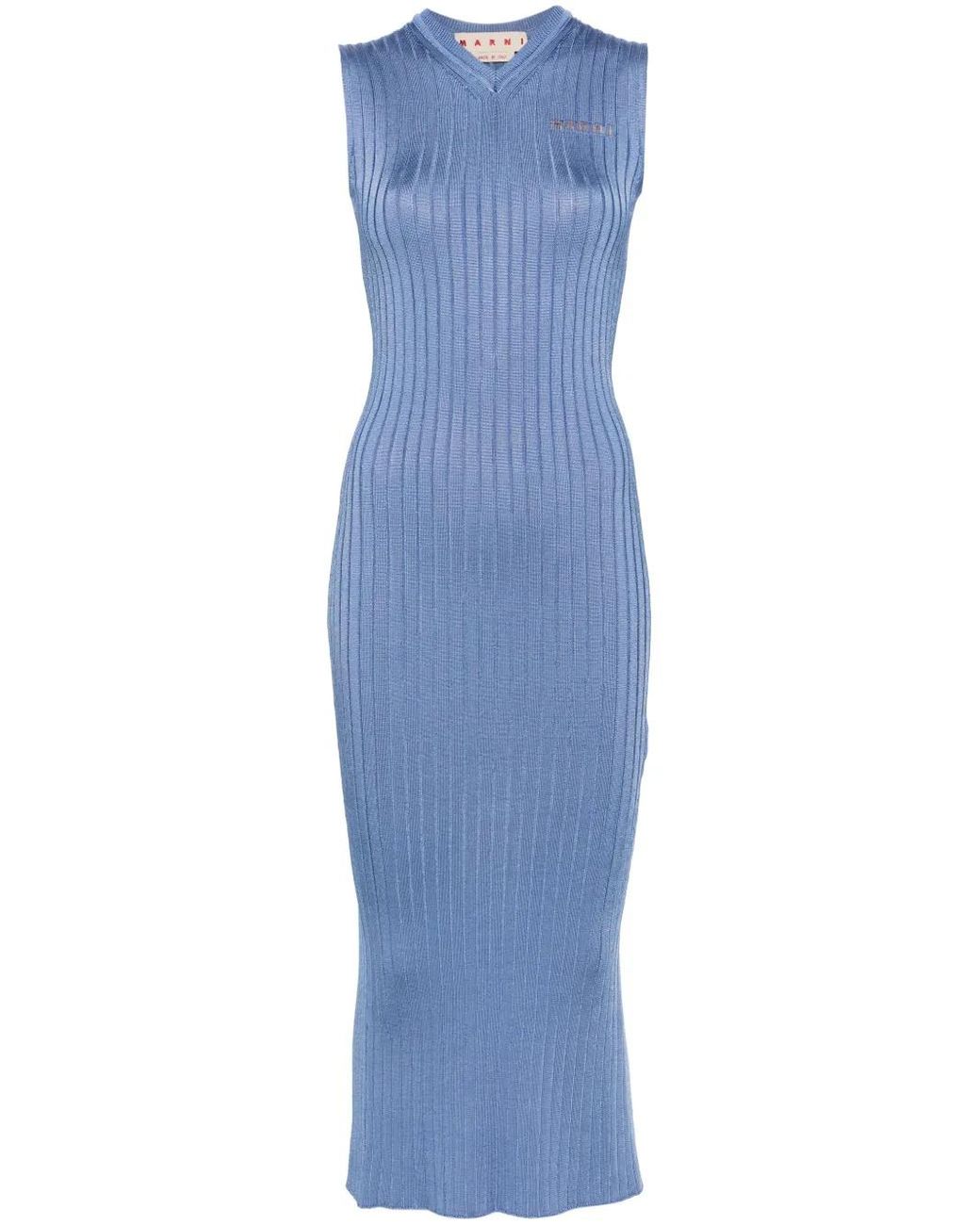 Marni Blue Logo-Jacquard Ribbed-Knit Maxi Dress