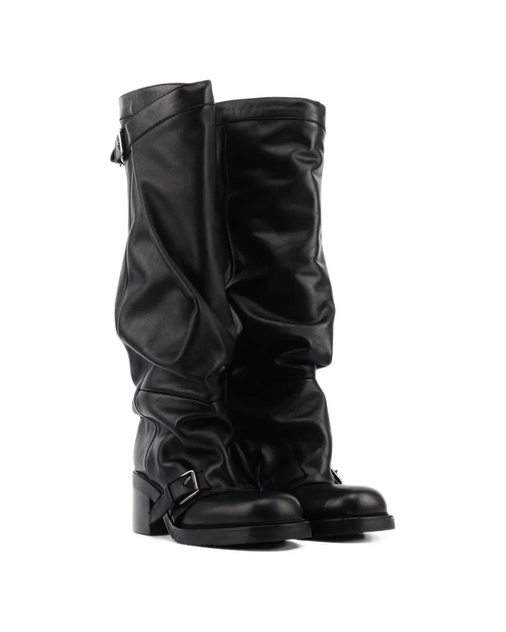 Elena Iachi Black Buckle-Detail Slouched Biker Boots