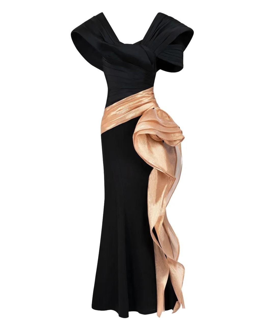 Gaby Charbachy Black Pleated-Panel Draped-Hem Evening Gown